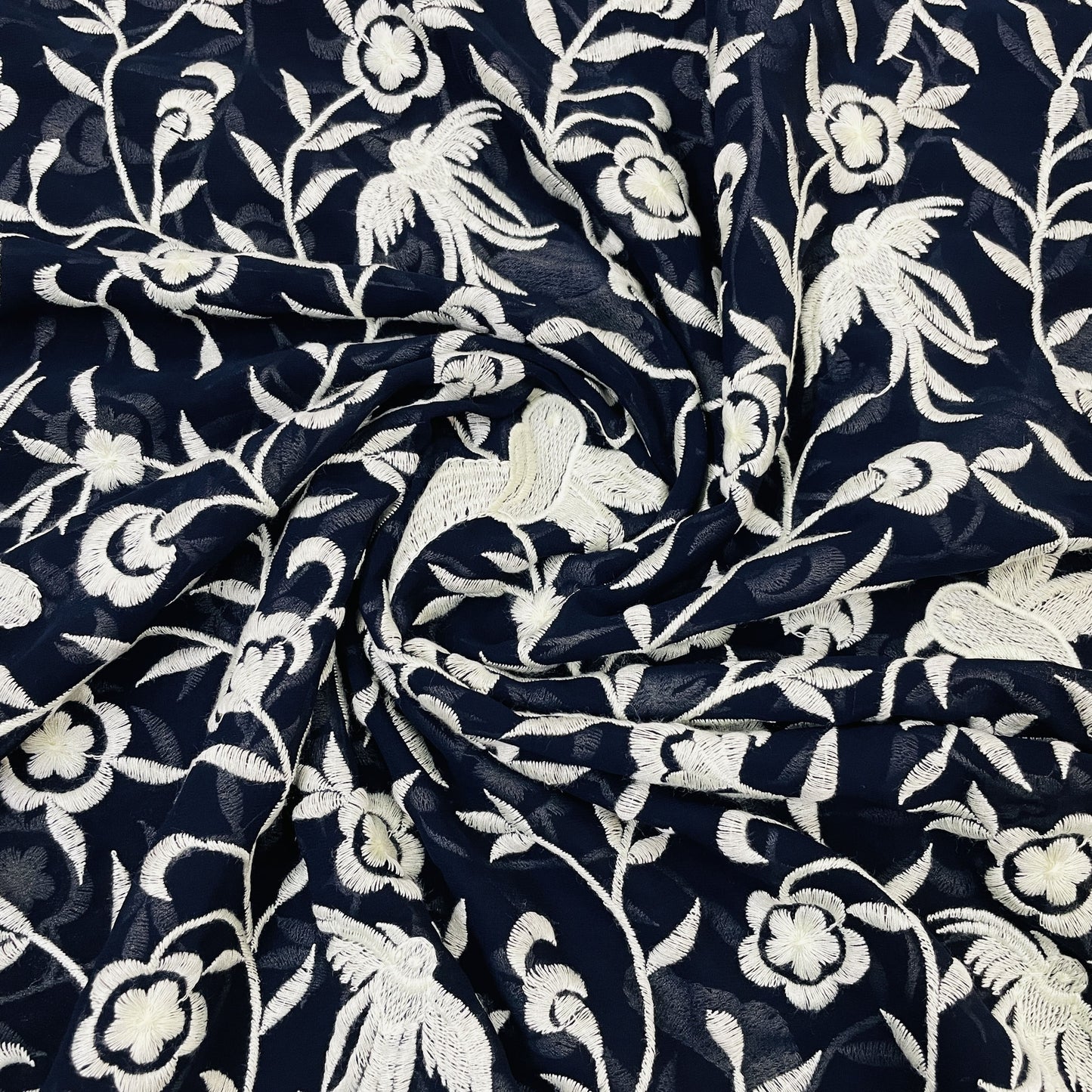 Classic Blue Parsi Gara Embroidery Georgette Fabric