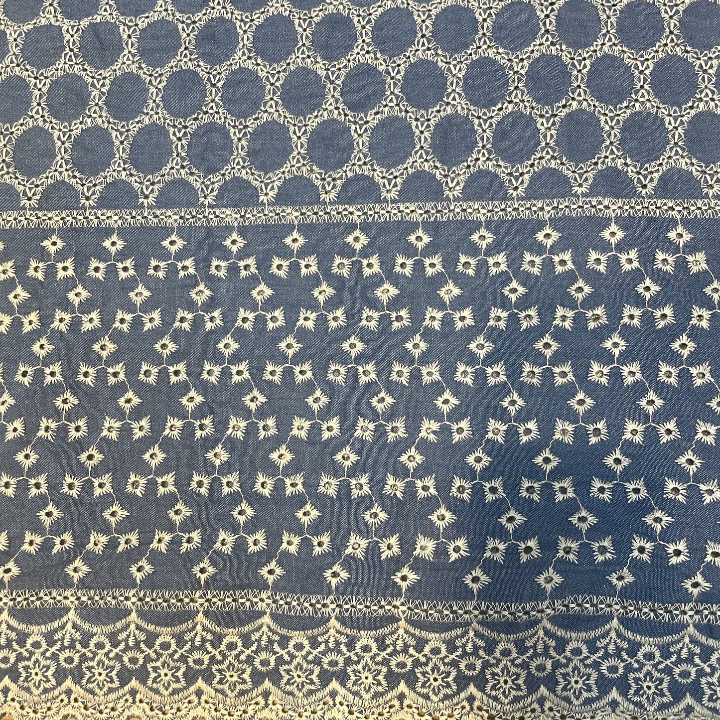 Premium Dark Blue Abstract Hakoba Floral Border Embroidery Cotton Denim Fabric