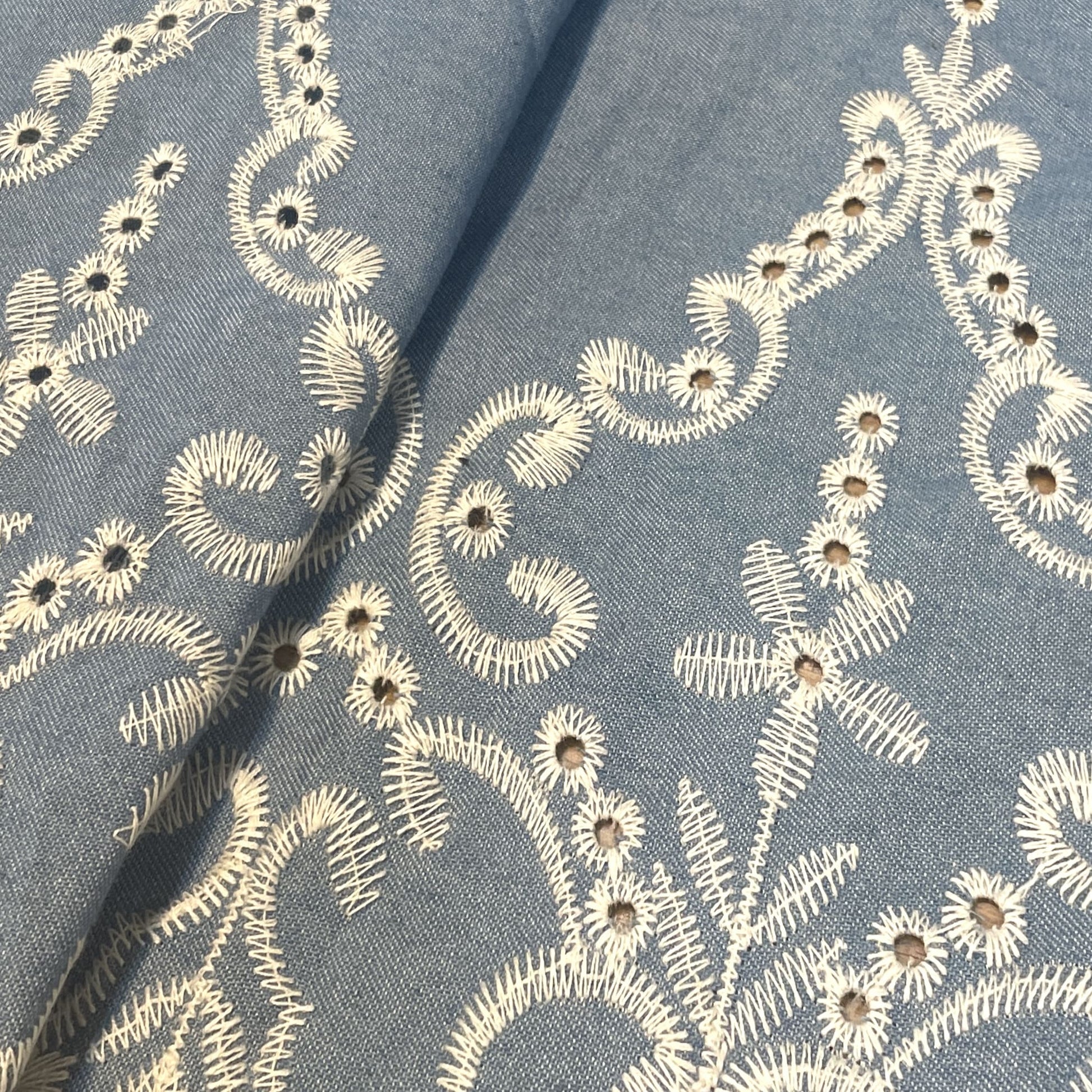 Premium Blue Floral Hakoba Border Embroidery Cotton Denim Fabric