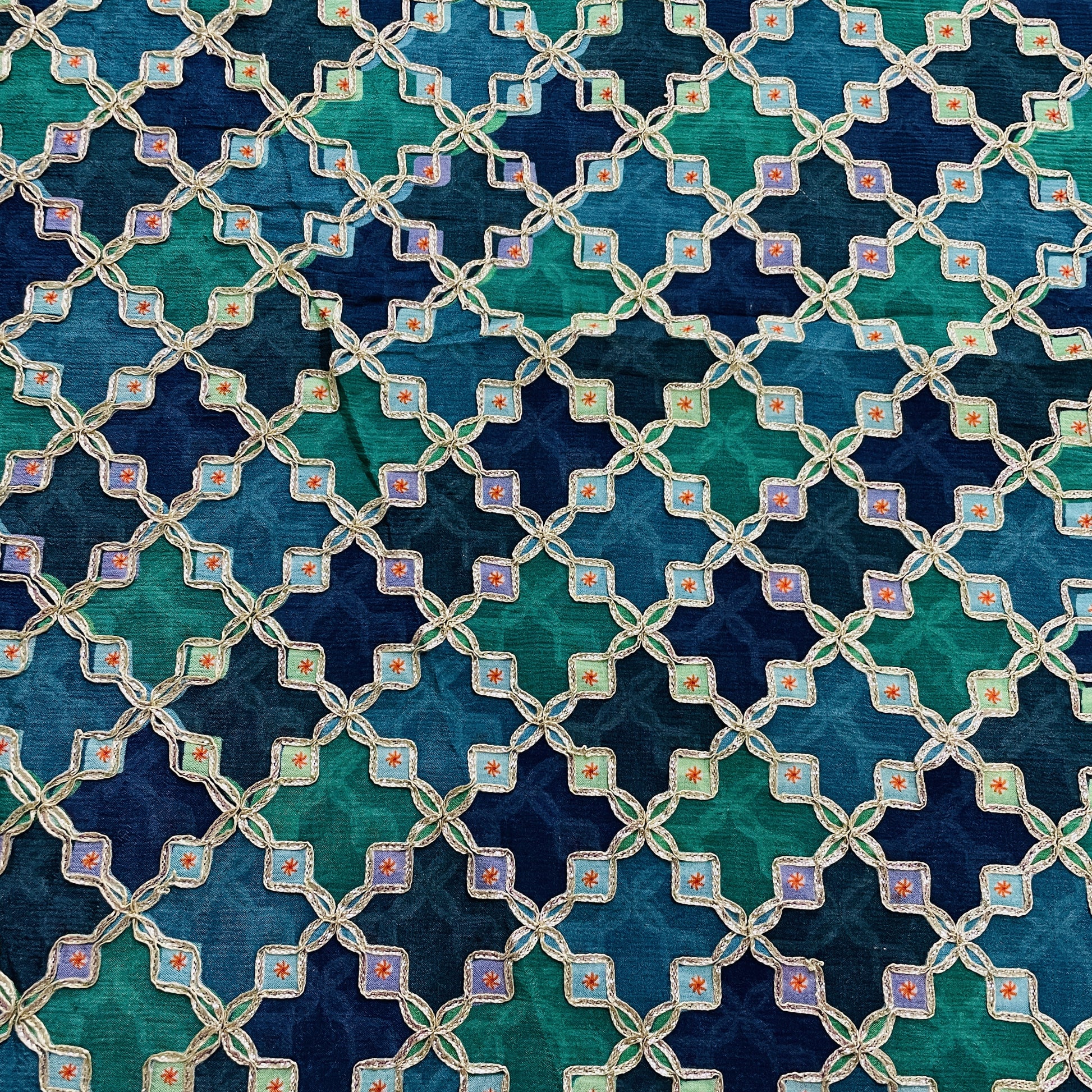 Premium  GreenGeometrical Gota Work Chinnon Fabric