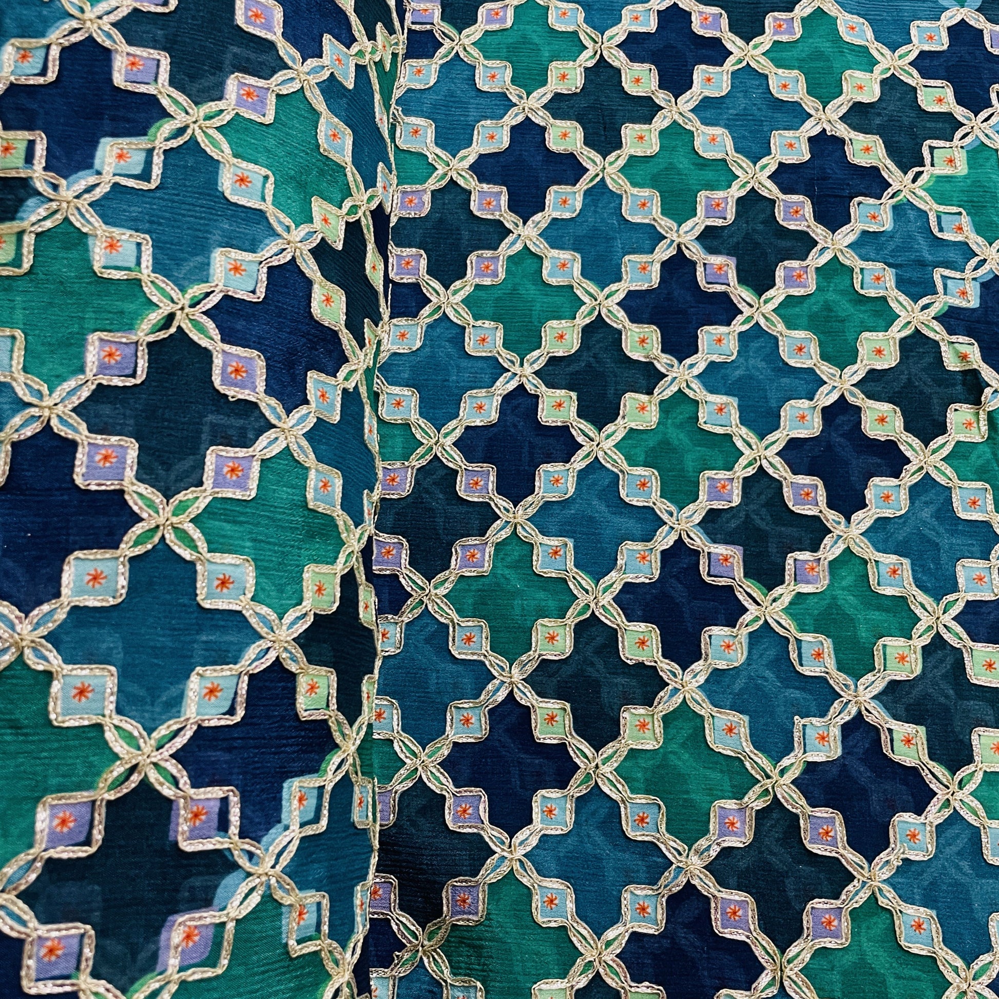 Premium  GreenGeometrical Gota Work Chinnon Fabric