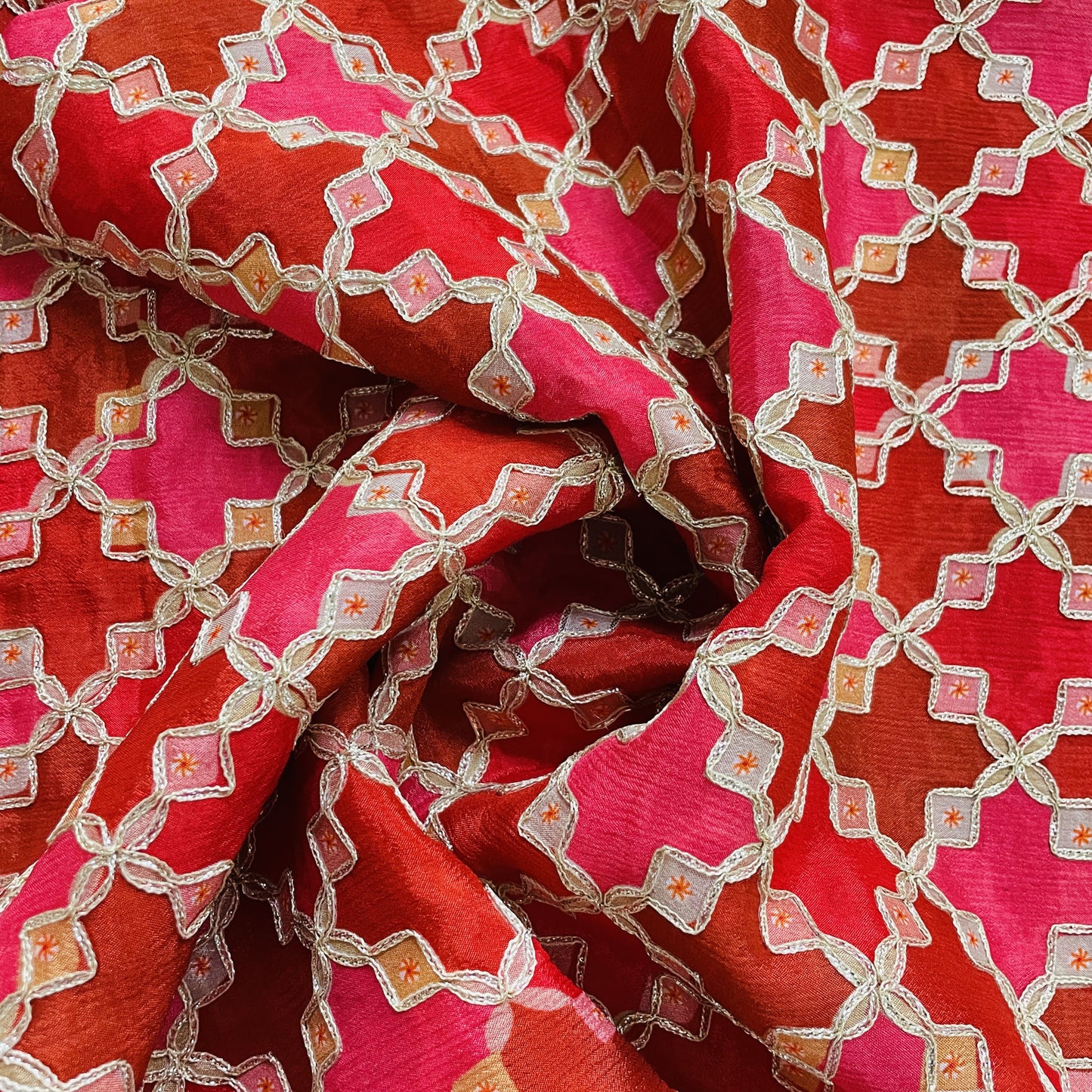 Premium  Red Geometrical Gota Work Chinnon Fabric
