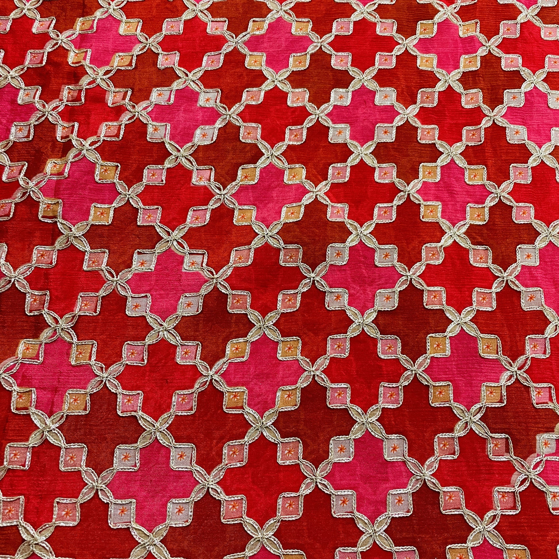 Premium  Red Geometrical Gota Work Chinnon Fabric