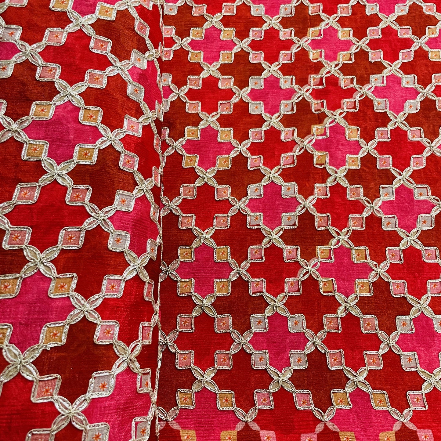 Premium  Red Geometrical Gota Work Chinnon Fabric