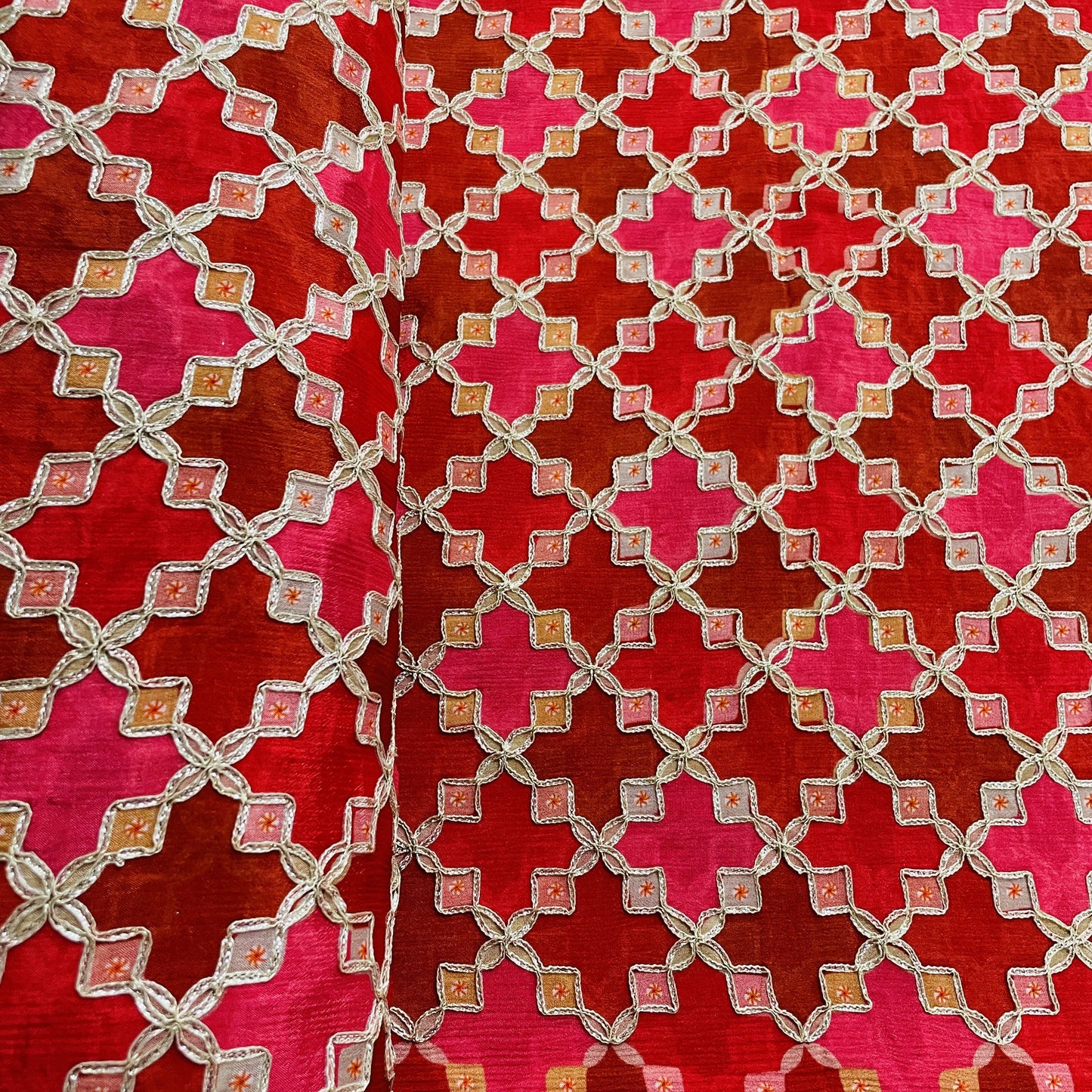 Premium  Red Geometrical Gota Work Chinnon Fabric