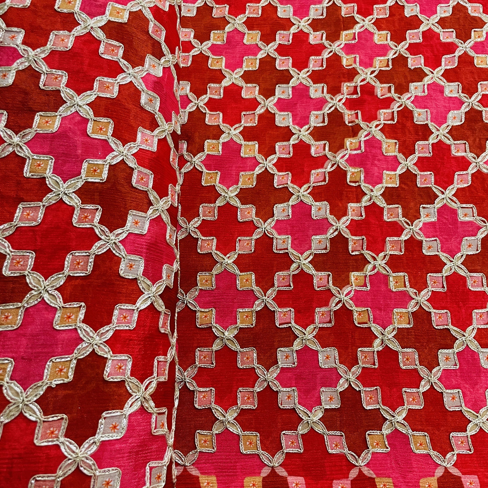 Premium  Red Geometrical Gota Work Chinnon Fabric