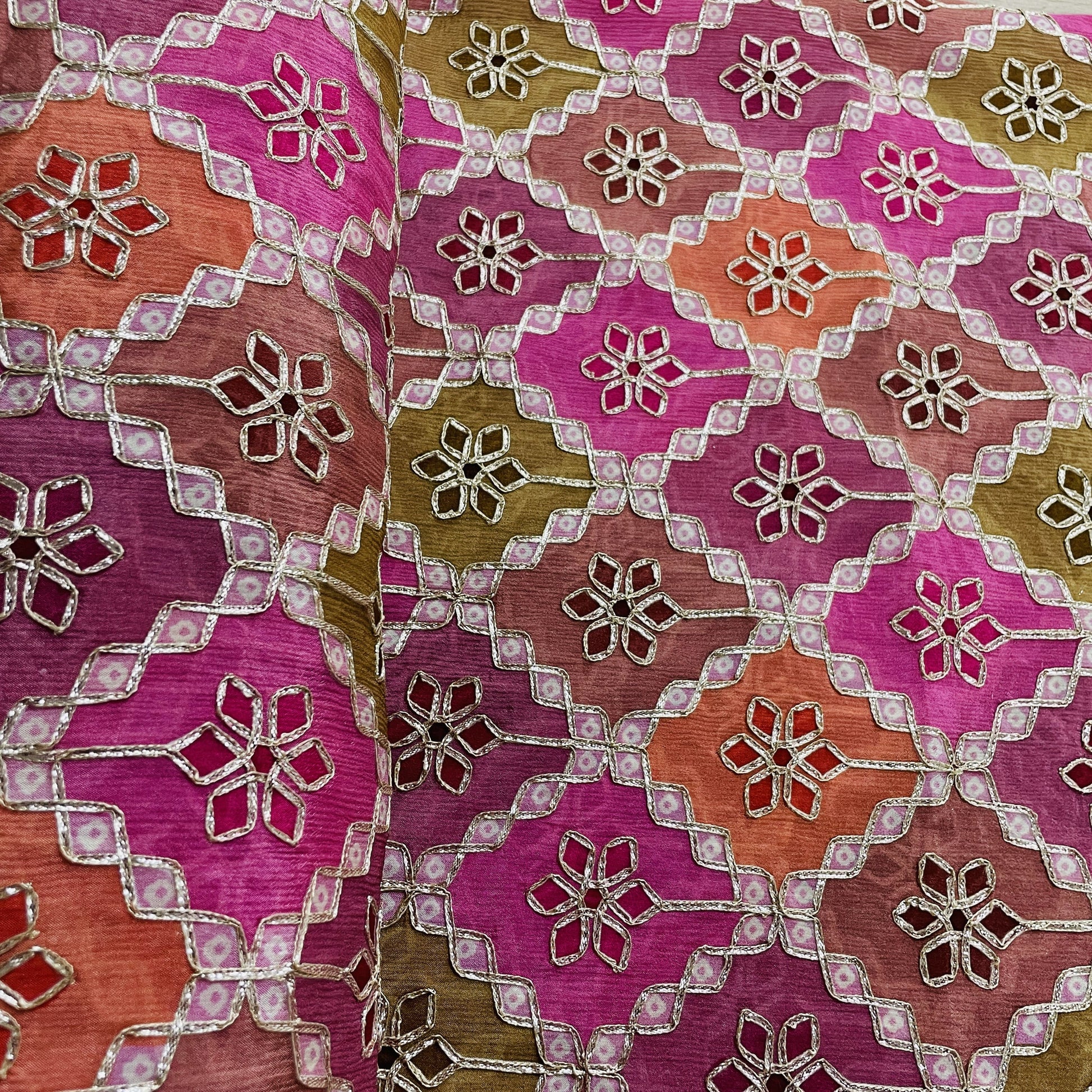 Premium  Pink Multicolor Geometrical Gota Work Chinnon Fabric