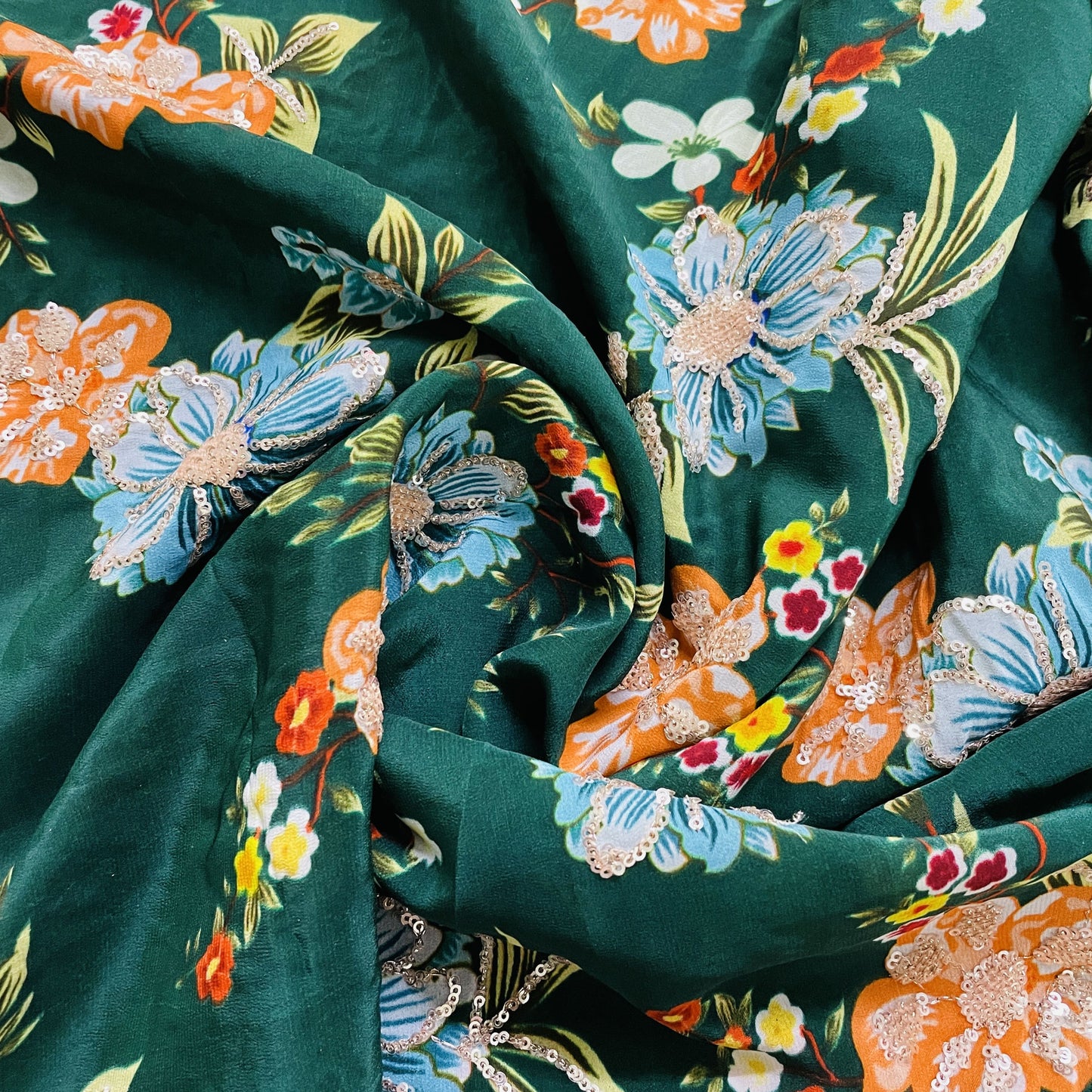Premium  Dark Green Floral Sequence Embroidery Natural Crape Fabric