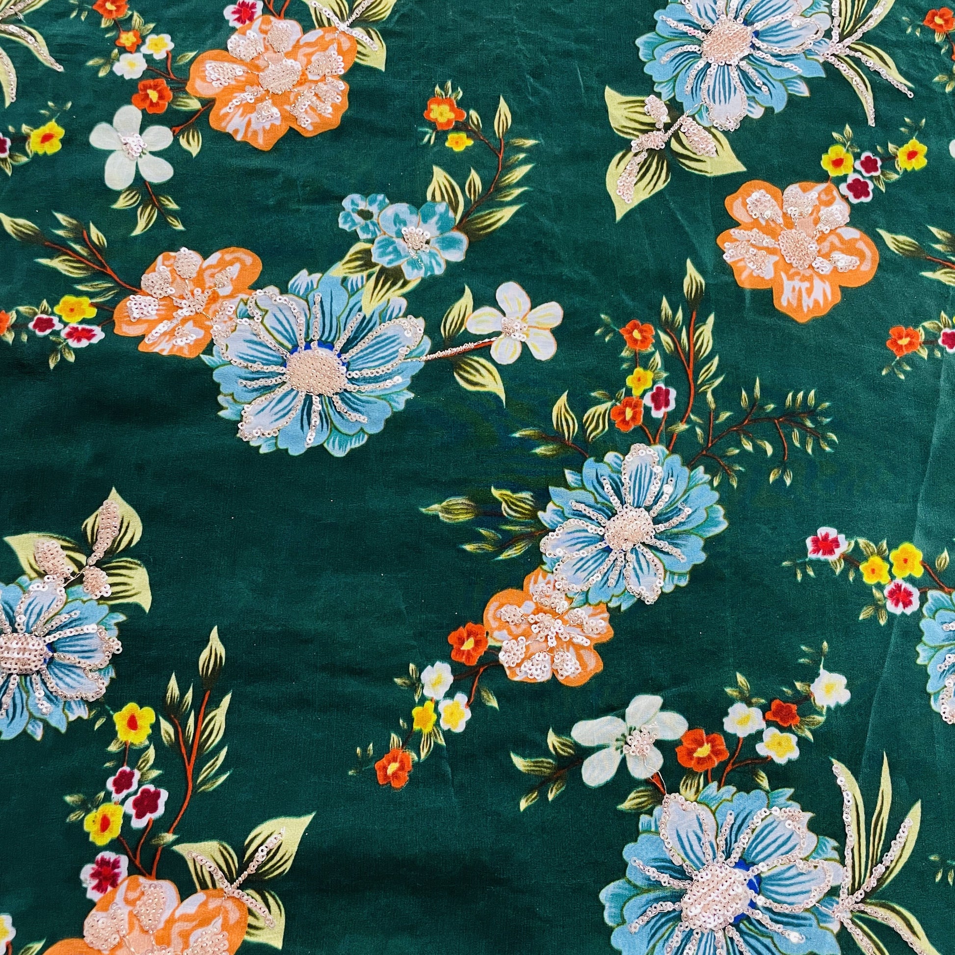 Premium  Dark Green Floral Sequence Embroidery Natural Crape Fabric