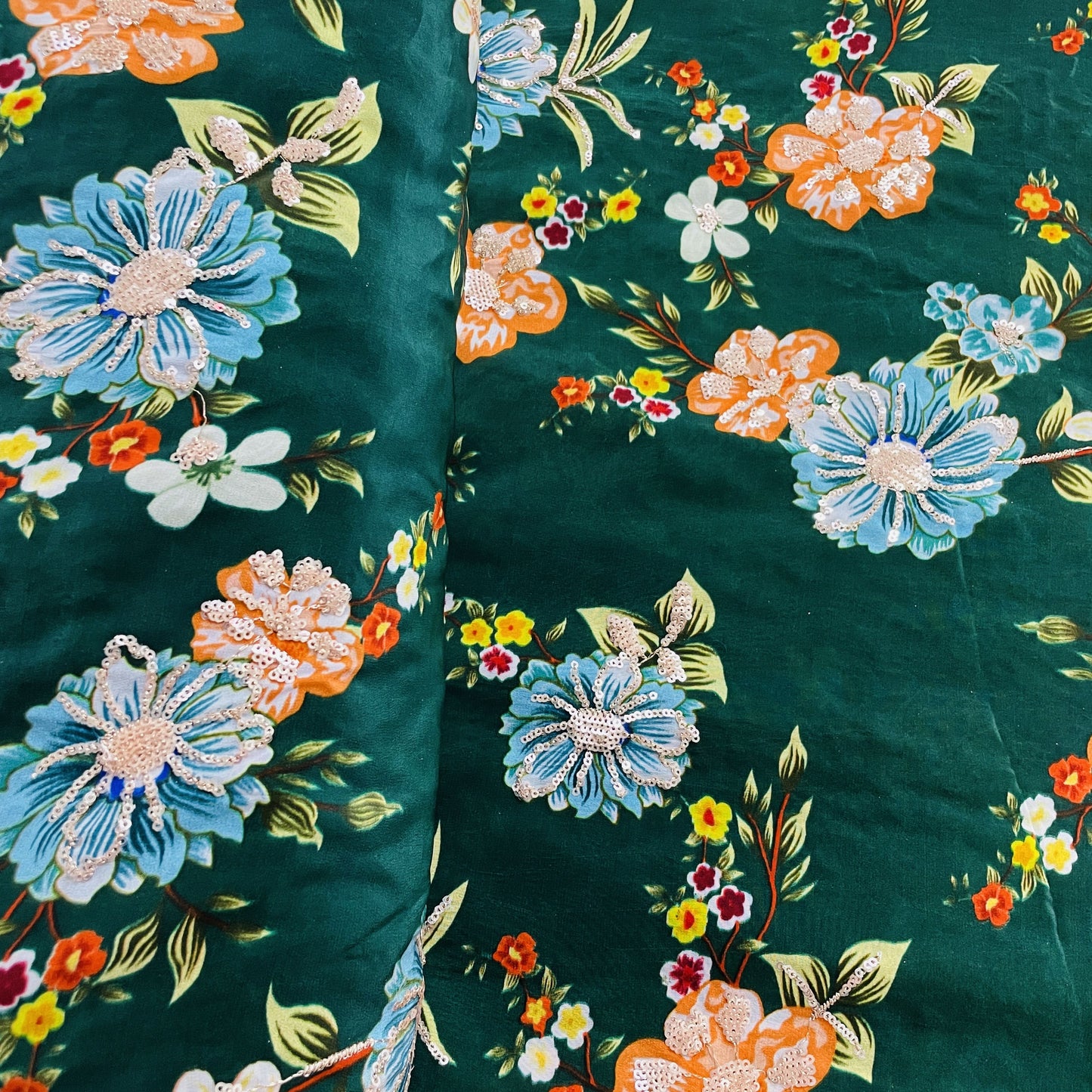 Premium  Dark Green Floral Sequence Embroidery Natural Crape Fabric