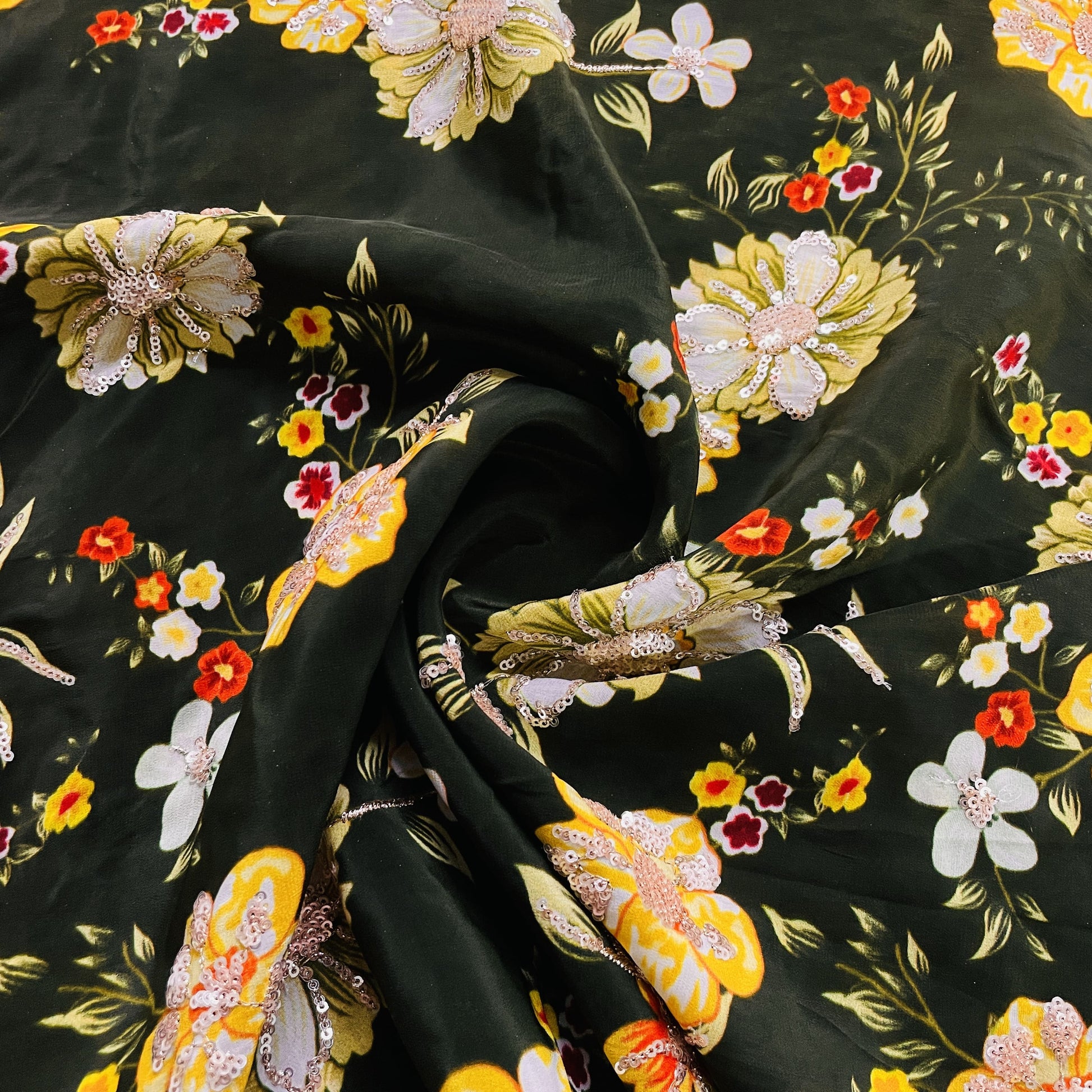 Premium Olive Green Floral Sequence Embroidery Natural Crape Fabric