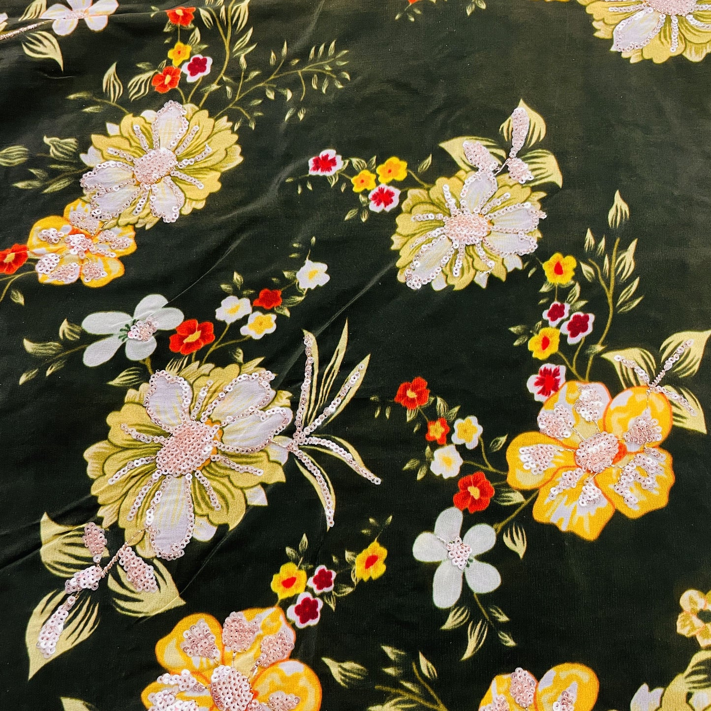 Premium Olive Green Floral Sequence Embroidery Natural Crape Fabric