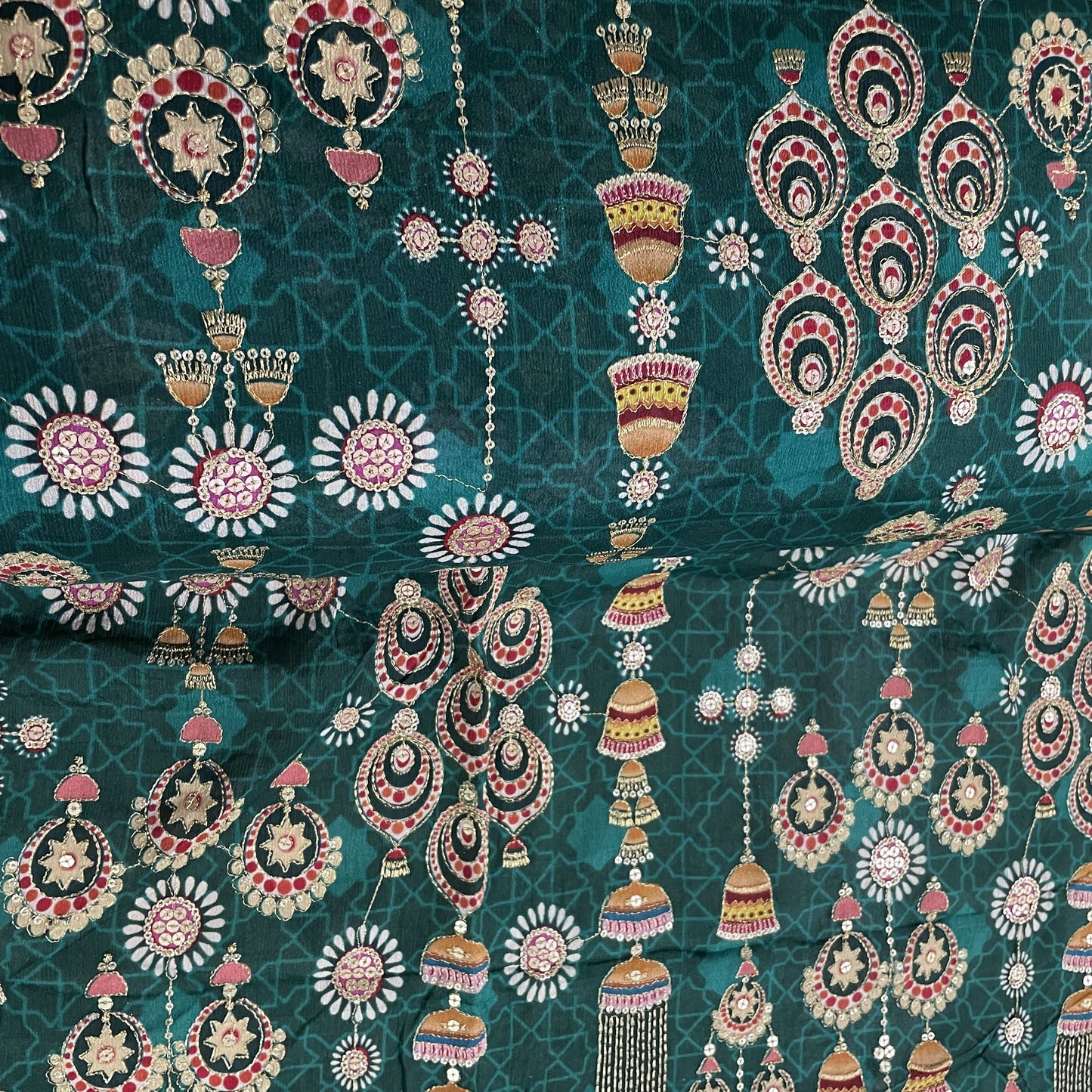 Premium  Green Traditional Sequence Embroidery Chinnon Fabric