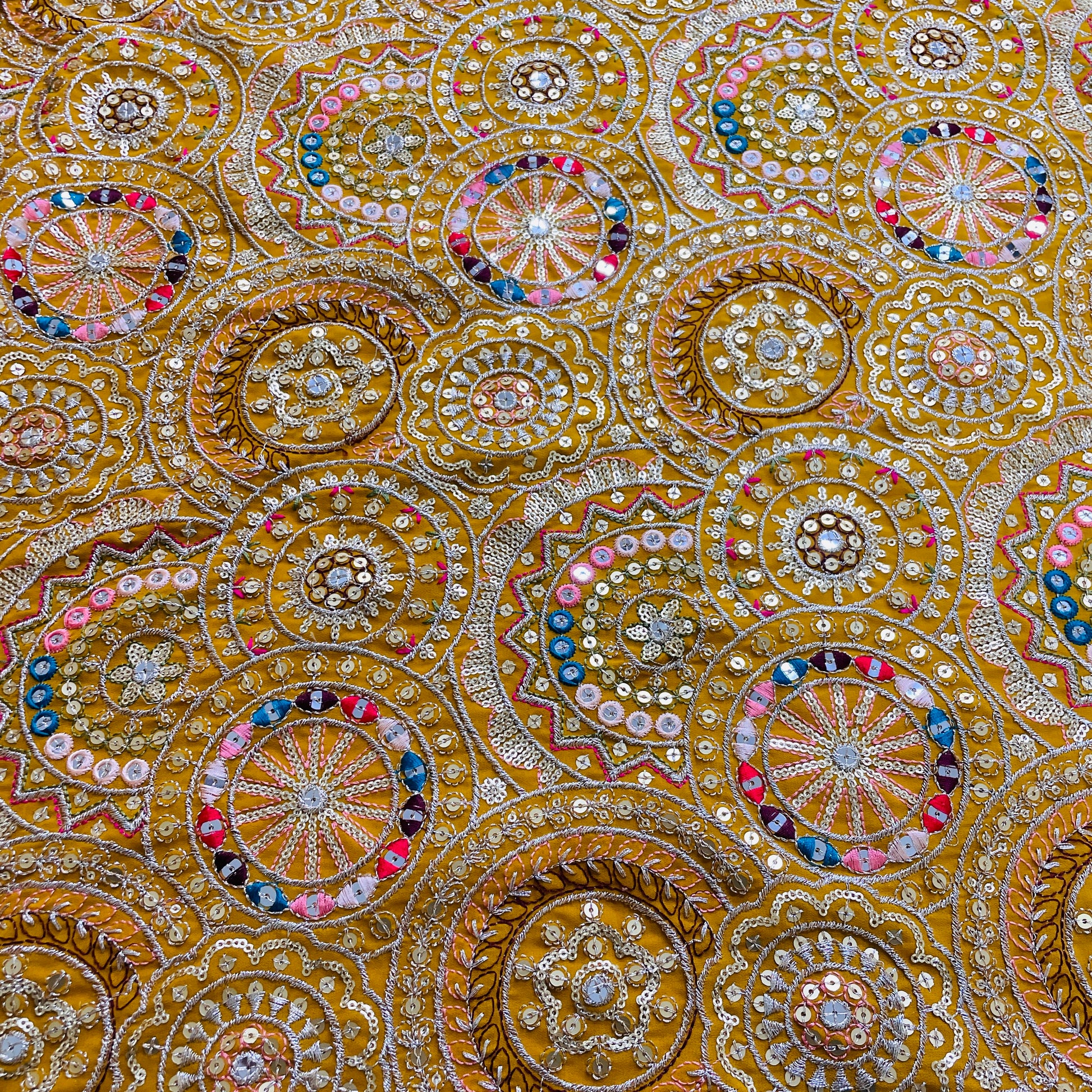 Classic Mustard Zari Sequence Embroidery Georgette Fabric
