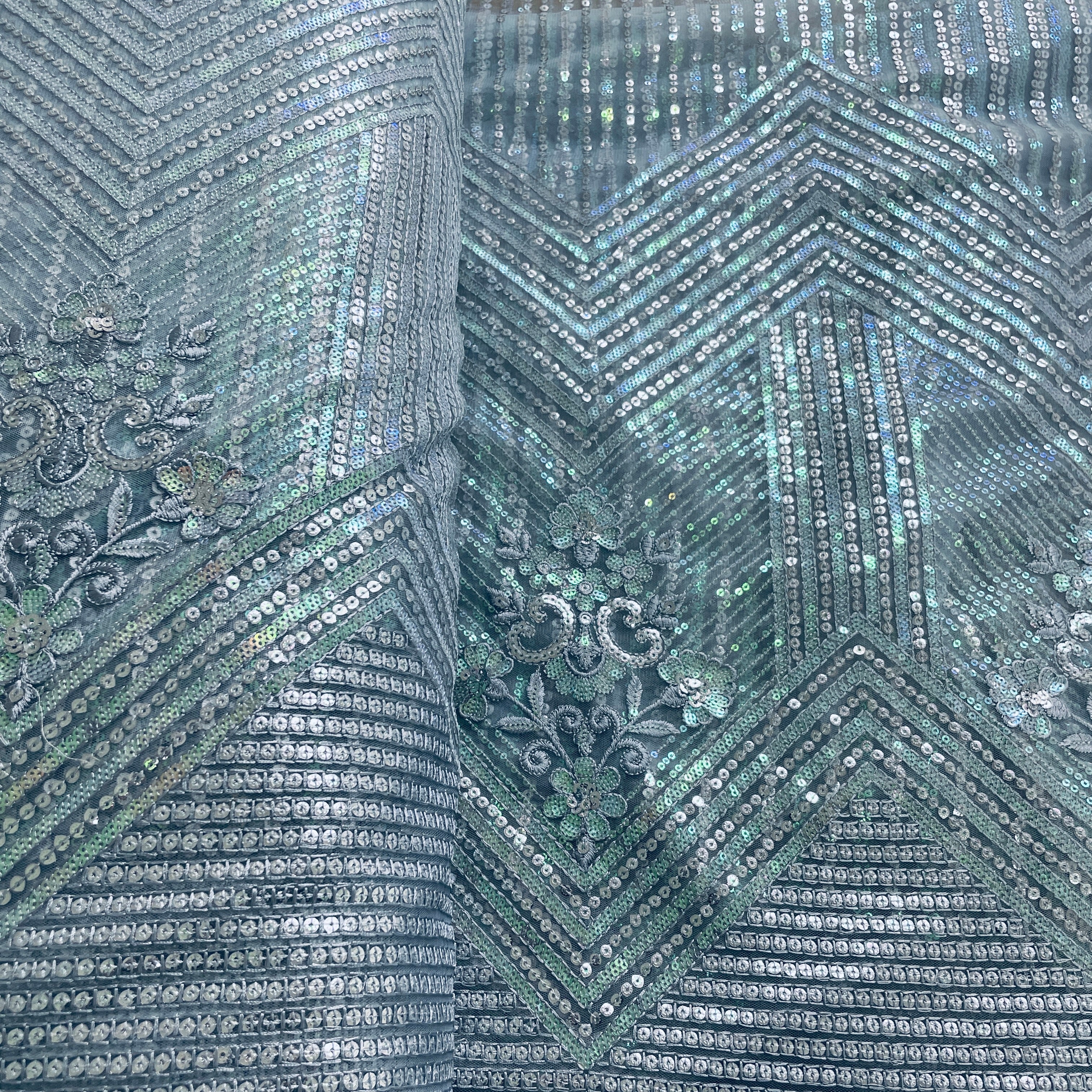 Sky Blue Sequence & Embrodiery Net Fabric