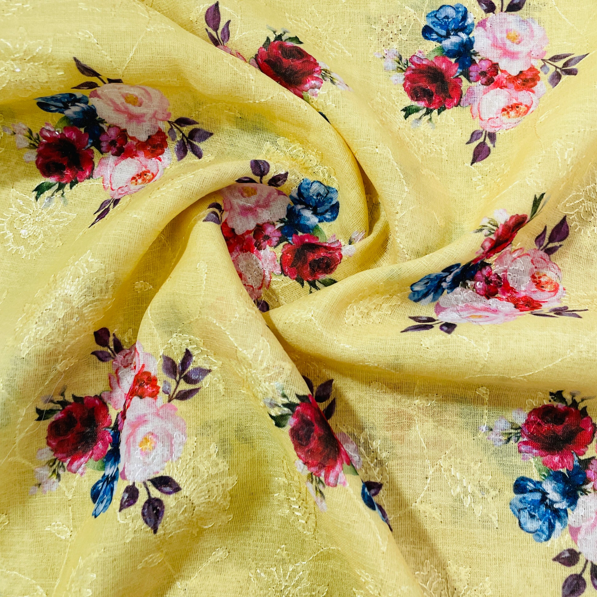 Yellow & Multicolor Floral Print Sequence Embroidery Linen Fabric - TradeUNO