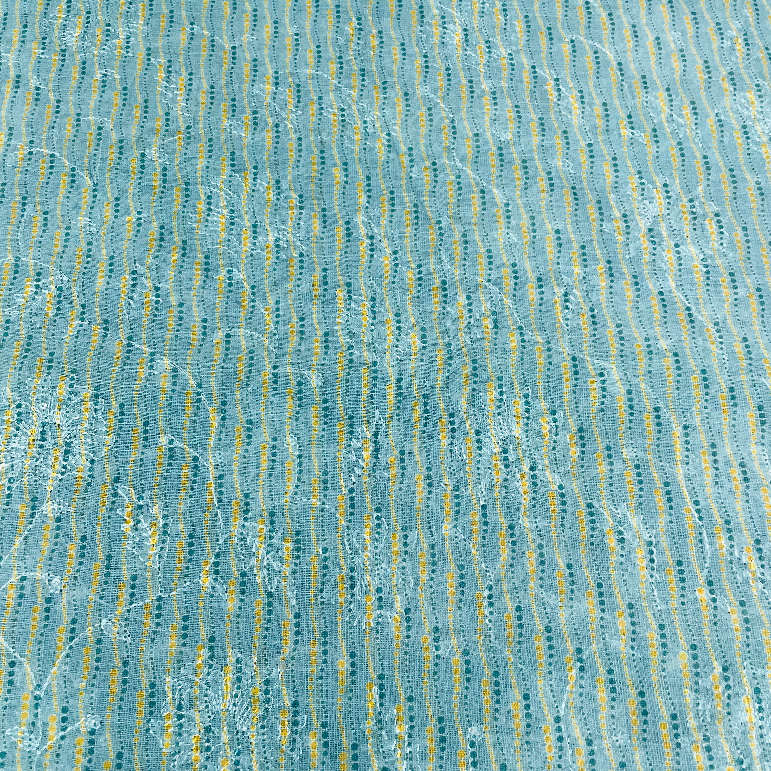 Blue & Multicolor Handblock Print Sequence Embroidery Linen Fabric - TradeUNO