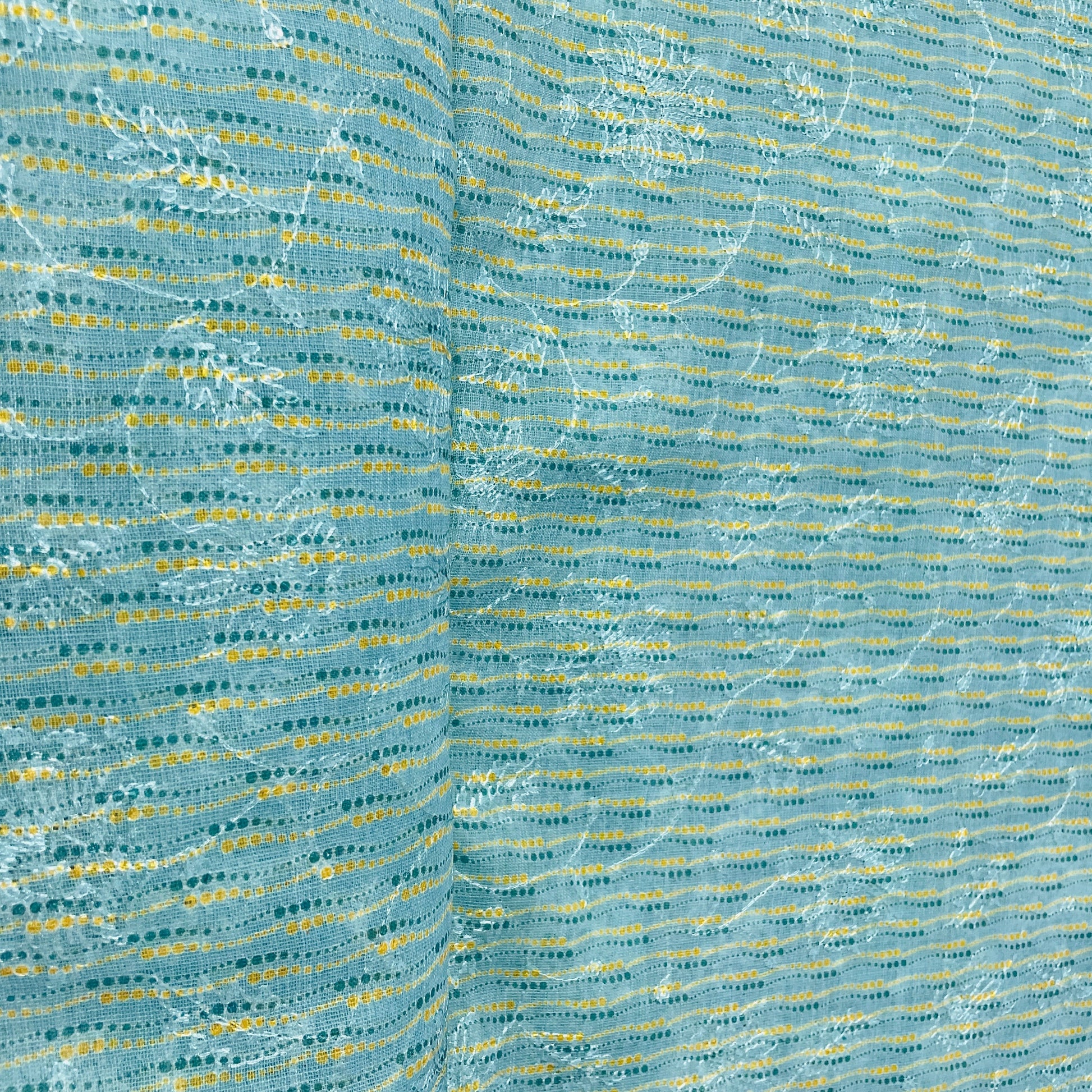 Blue & Multicolor Handblock Print Sequence Embroidery Linen Fabric - TradeUNO