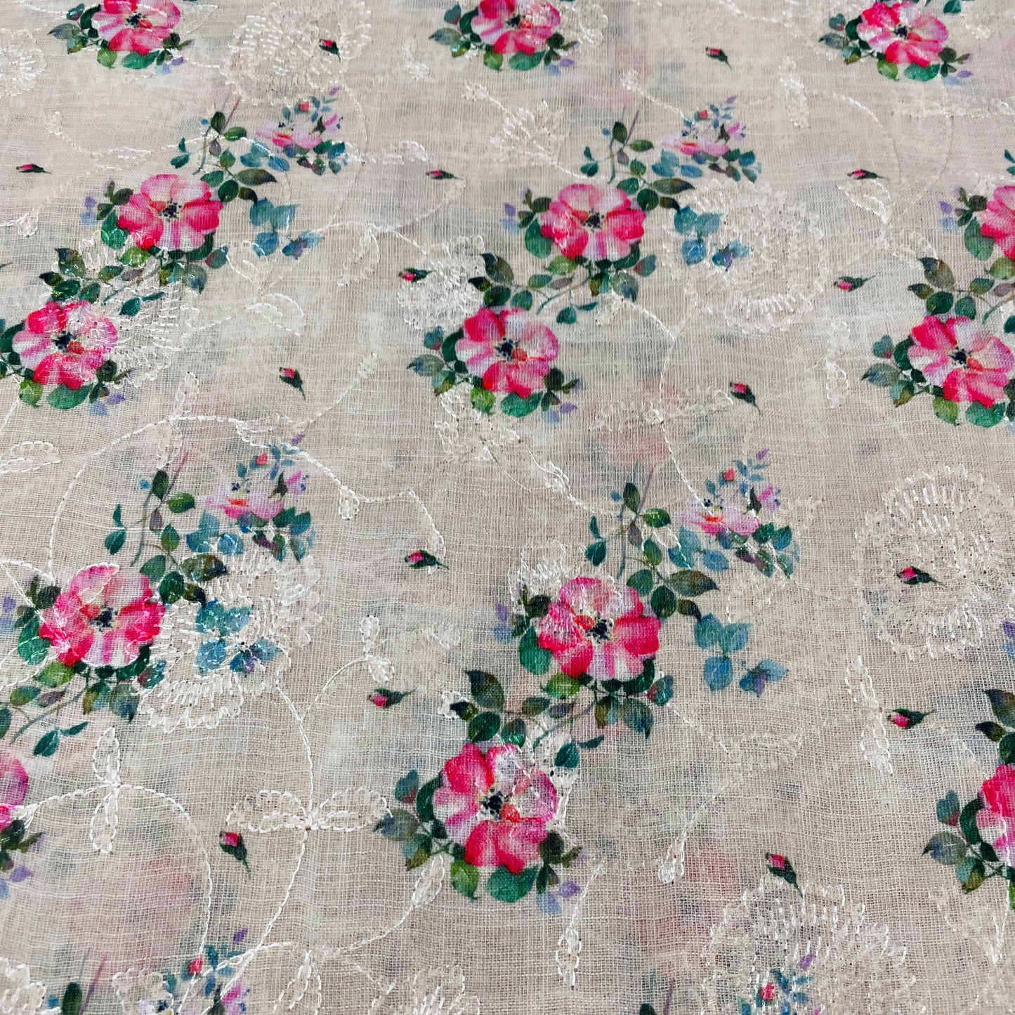 Pink Floral Print Sequence Embroidery Linen Fabric - TradeUNO