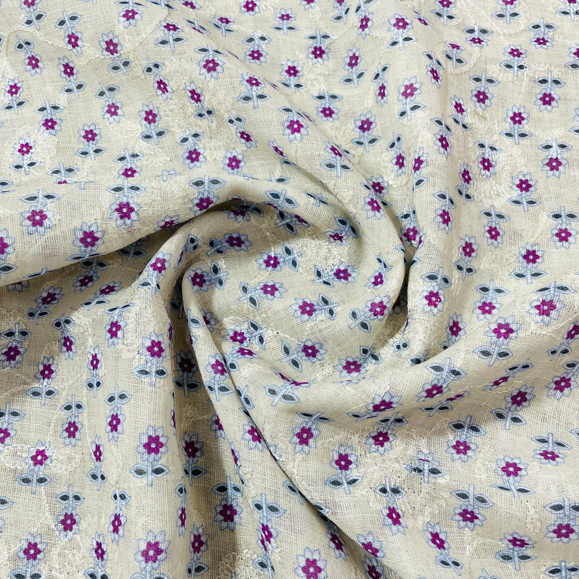 White & Purple Floral Print Sequence Embroidery Linen Fabric - TradeUNO