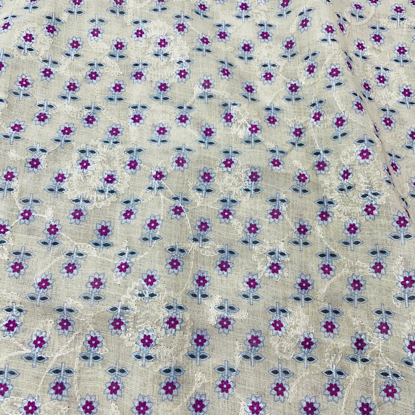 White & Purple Floral Print Sequence Embroidery Linen Fabric - TradeUNO