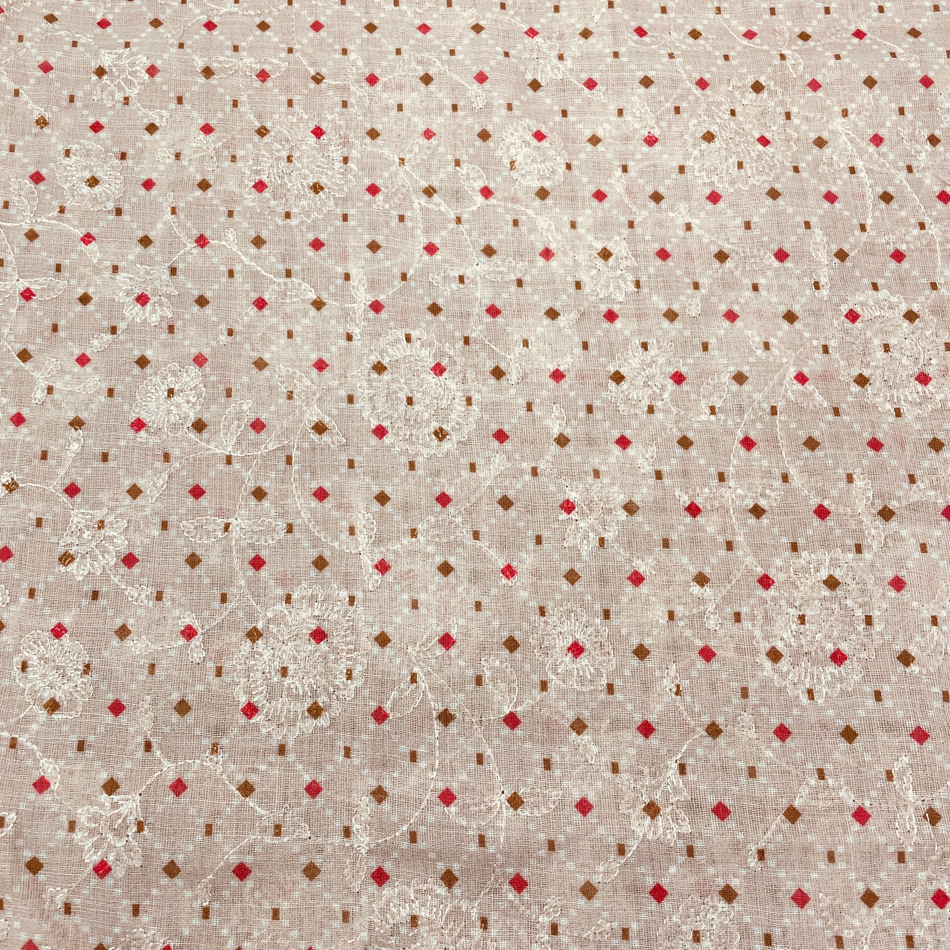 Peach Pink Handblock Print Sequence Embroidery Linen Fabric - TradeUNO