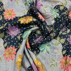 Exclusive Blue & Multicolor Floral Dola Silk Jacquard Fabric