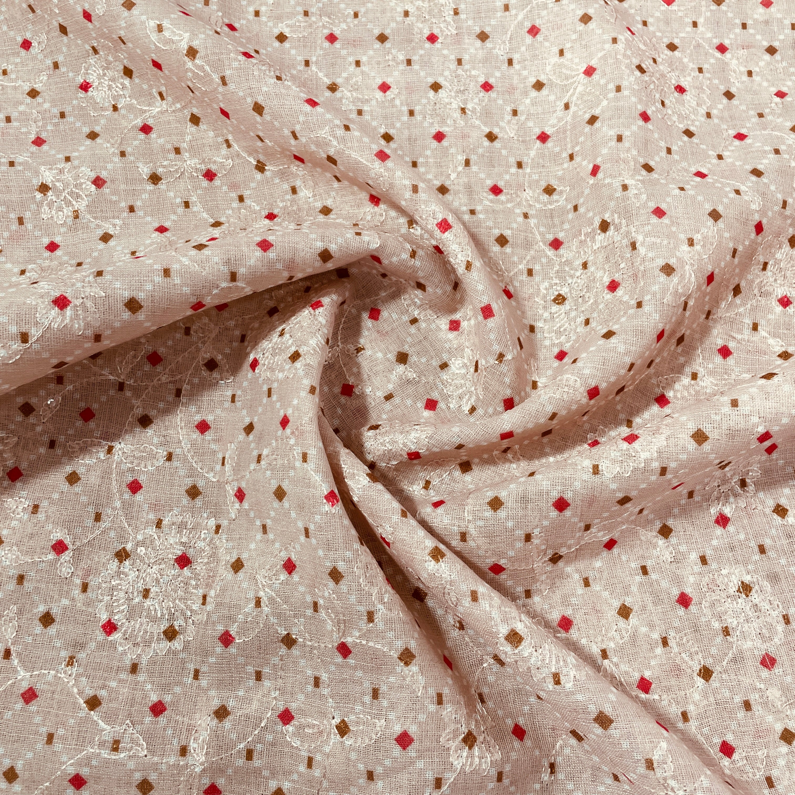 Peach Pink Handblock Print Sequence Embroidery Linen Fabric - TradeUNO