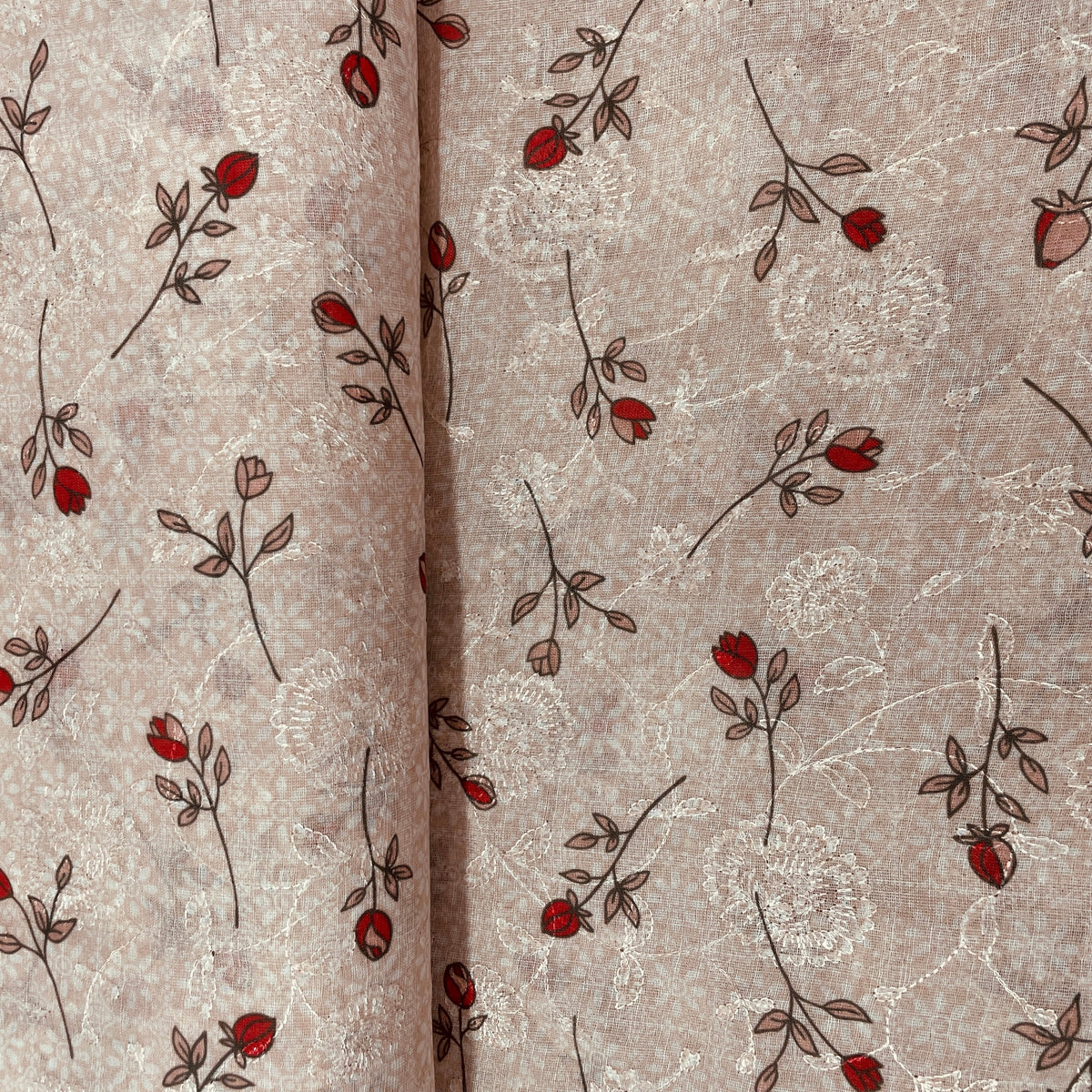 Peach Pink Floral Print Sequence Embroidery Linen Fabric - TradeUNO