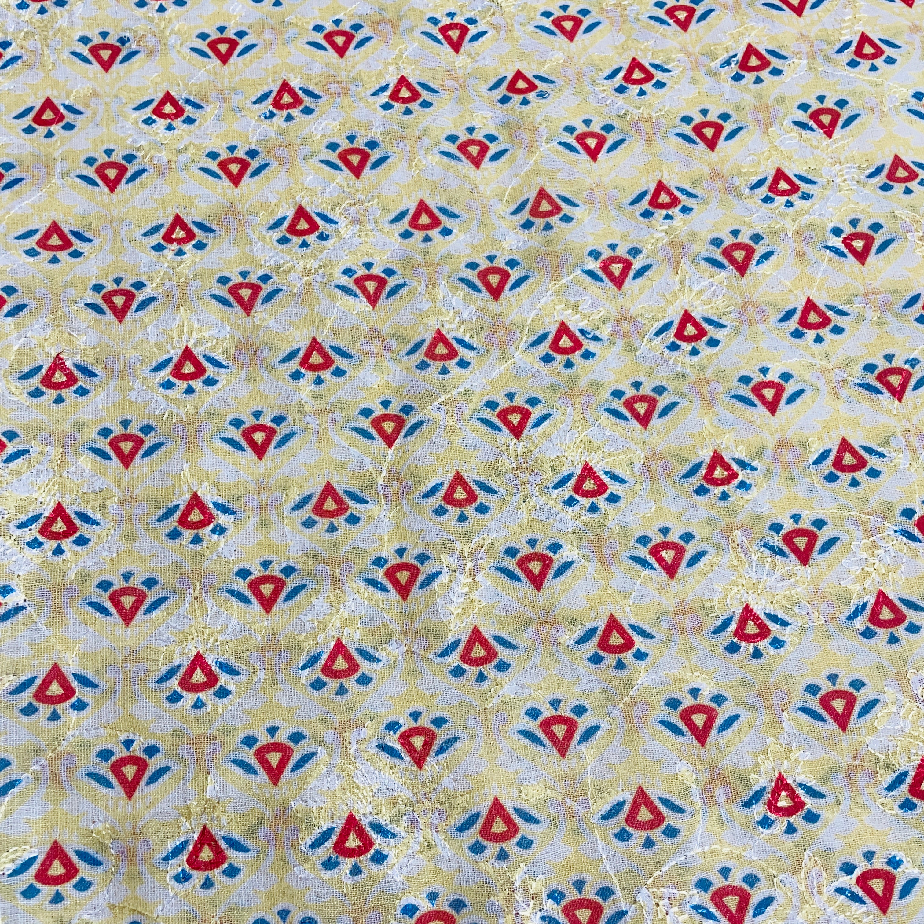 Blue & Yellow Floral Print Sequence Embroidery Linen Fabric - TradeUNO