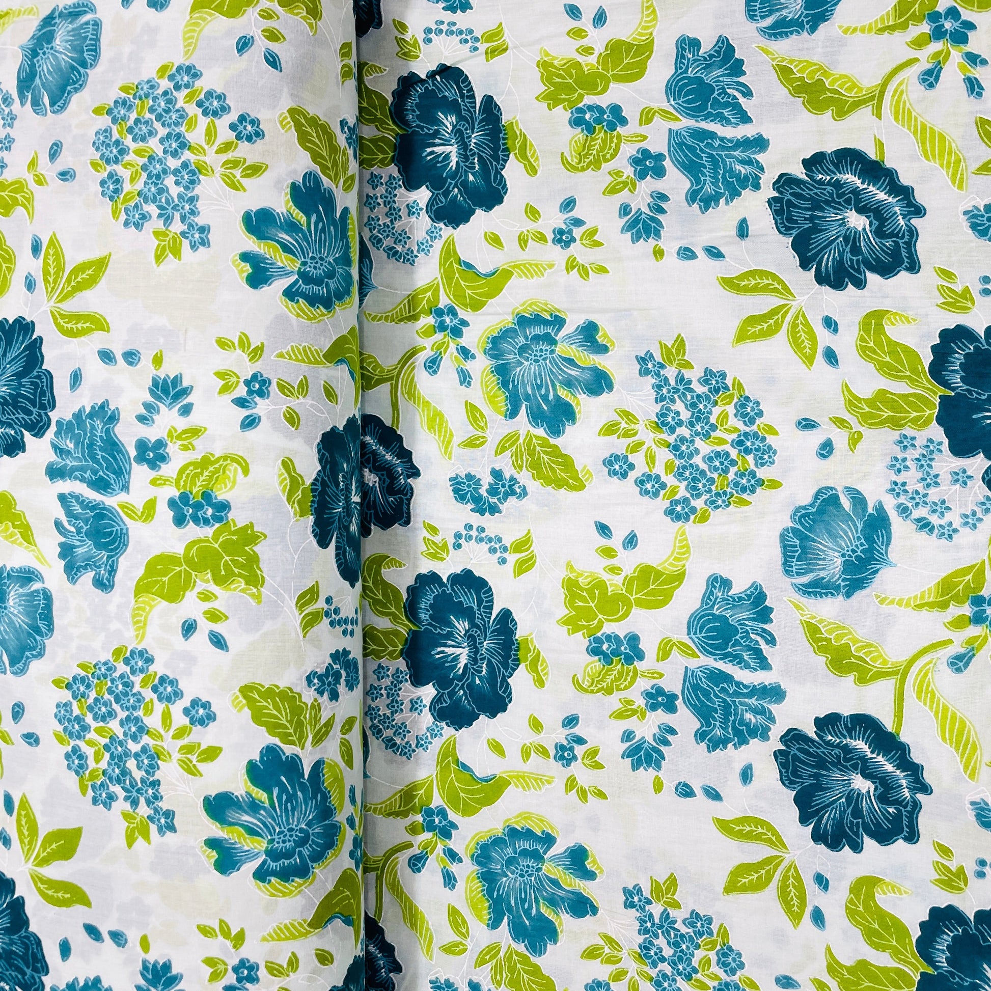 White & Green Floral Print Cotton Fabric - TradeUNO
