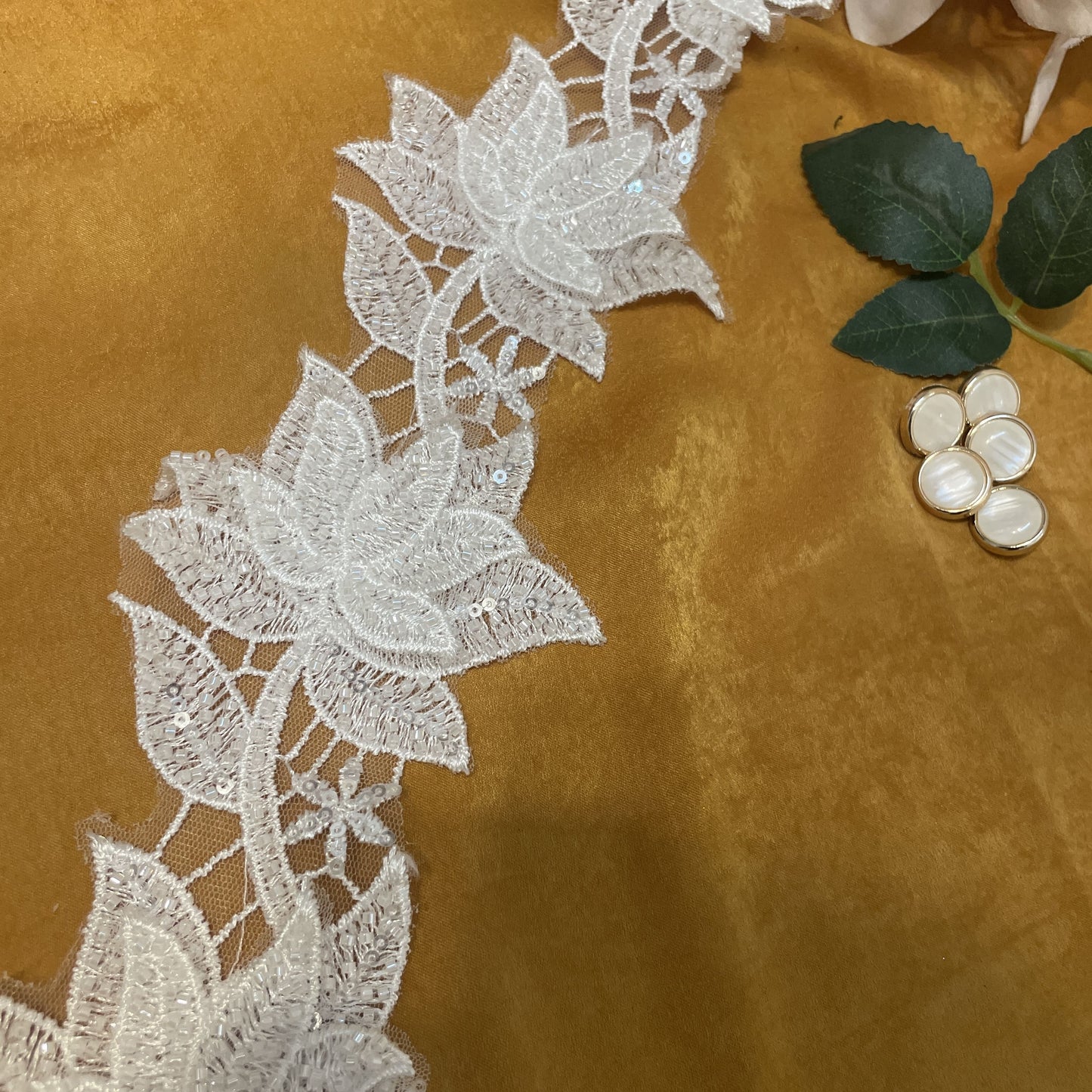 White Floral Thread Cutdana Net Lace