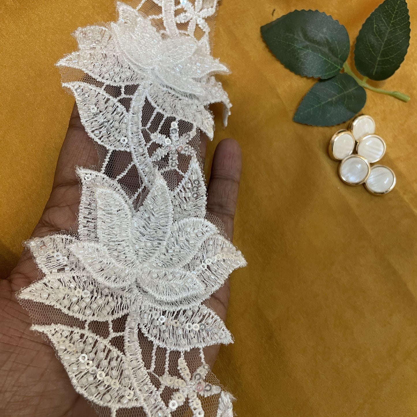 White Floral Thread Cutdana Net Lace