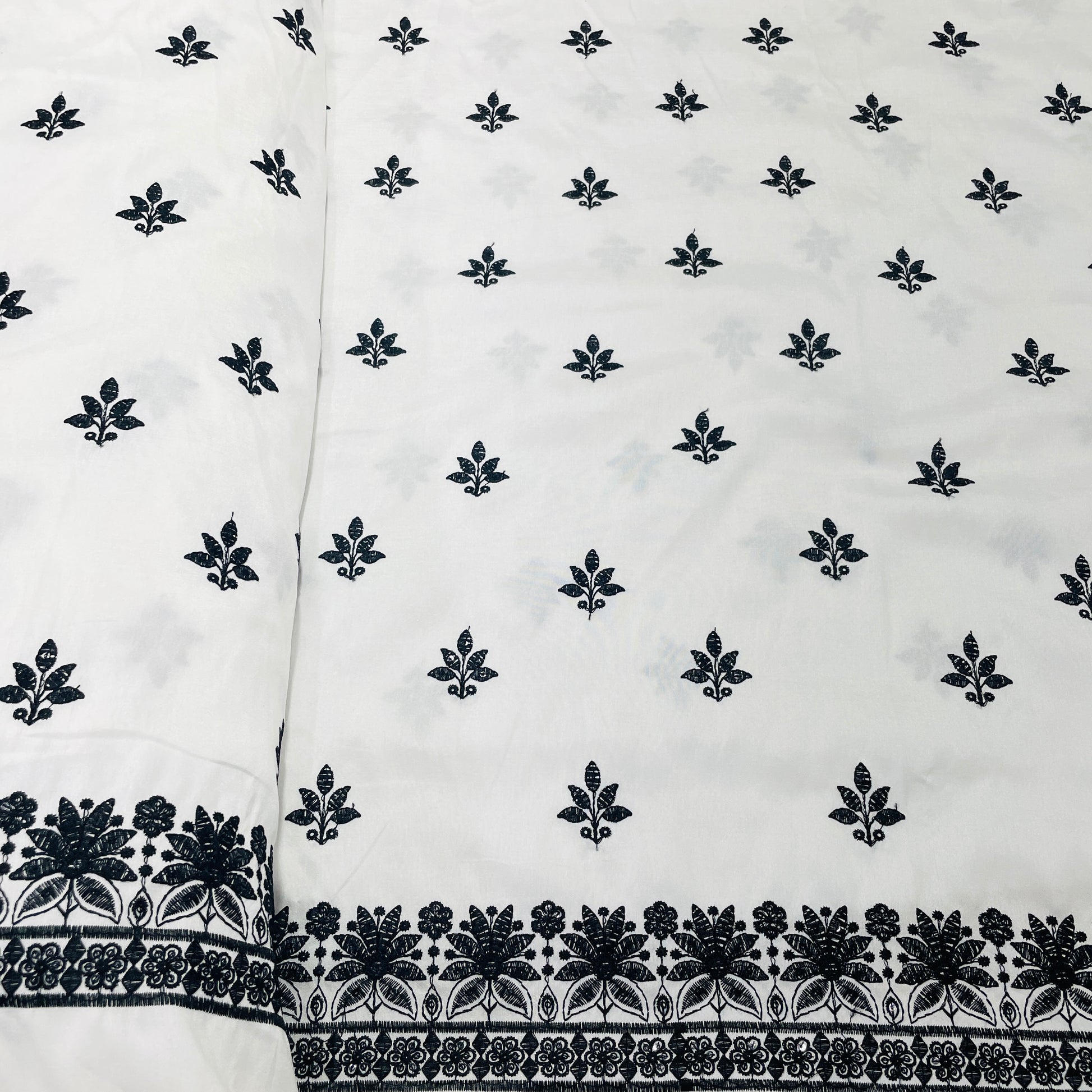 White & Black Floral Embroidery Russian Silk Fabric