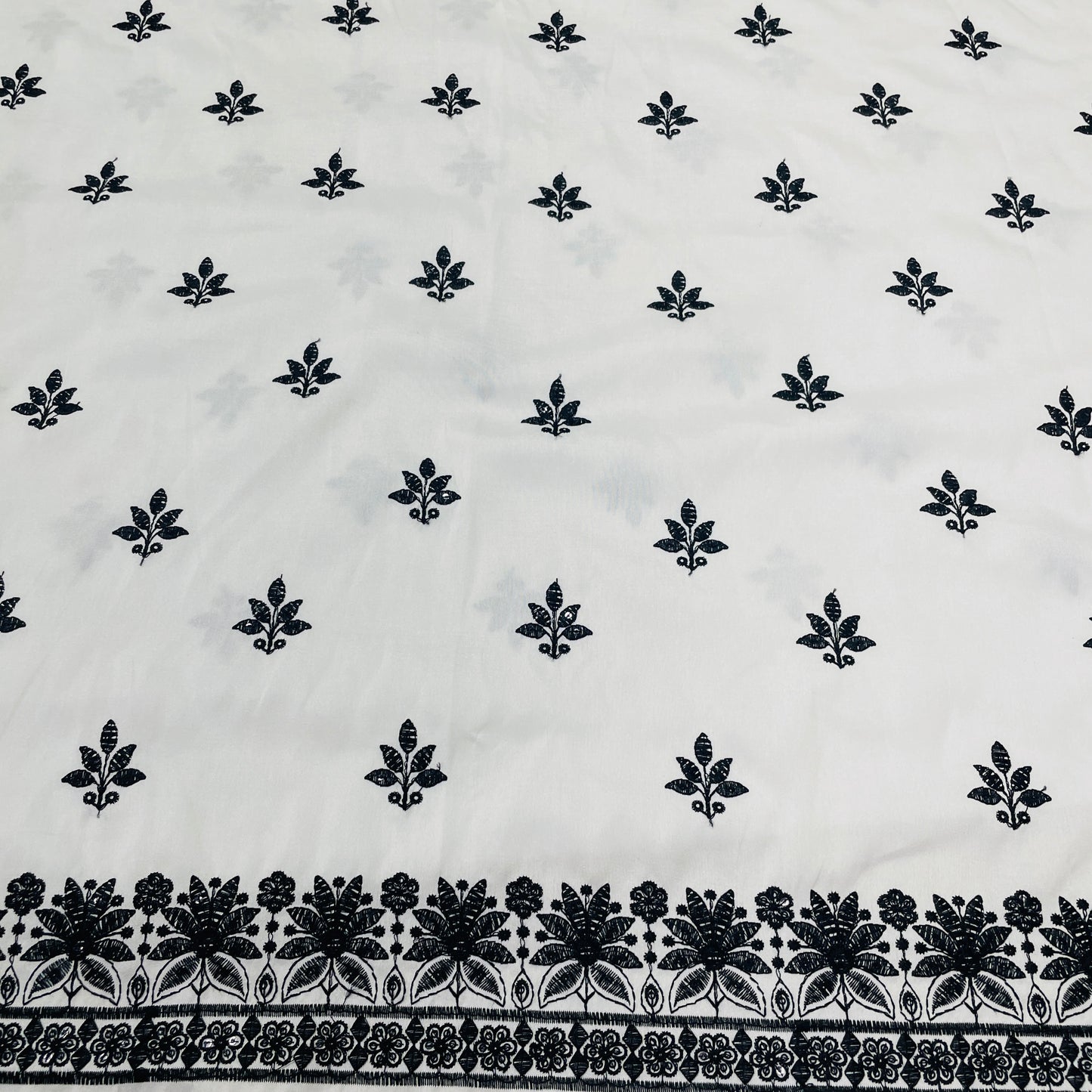 White & Black Floral Embroidery Russian Silk Fabric