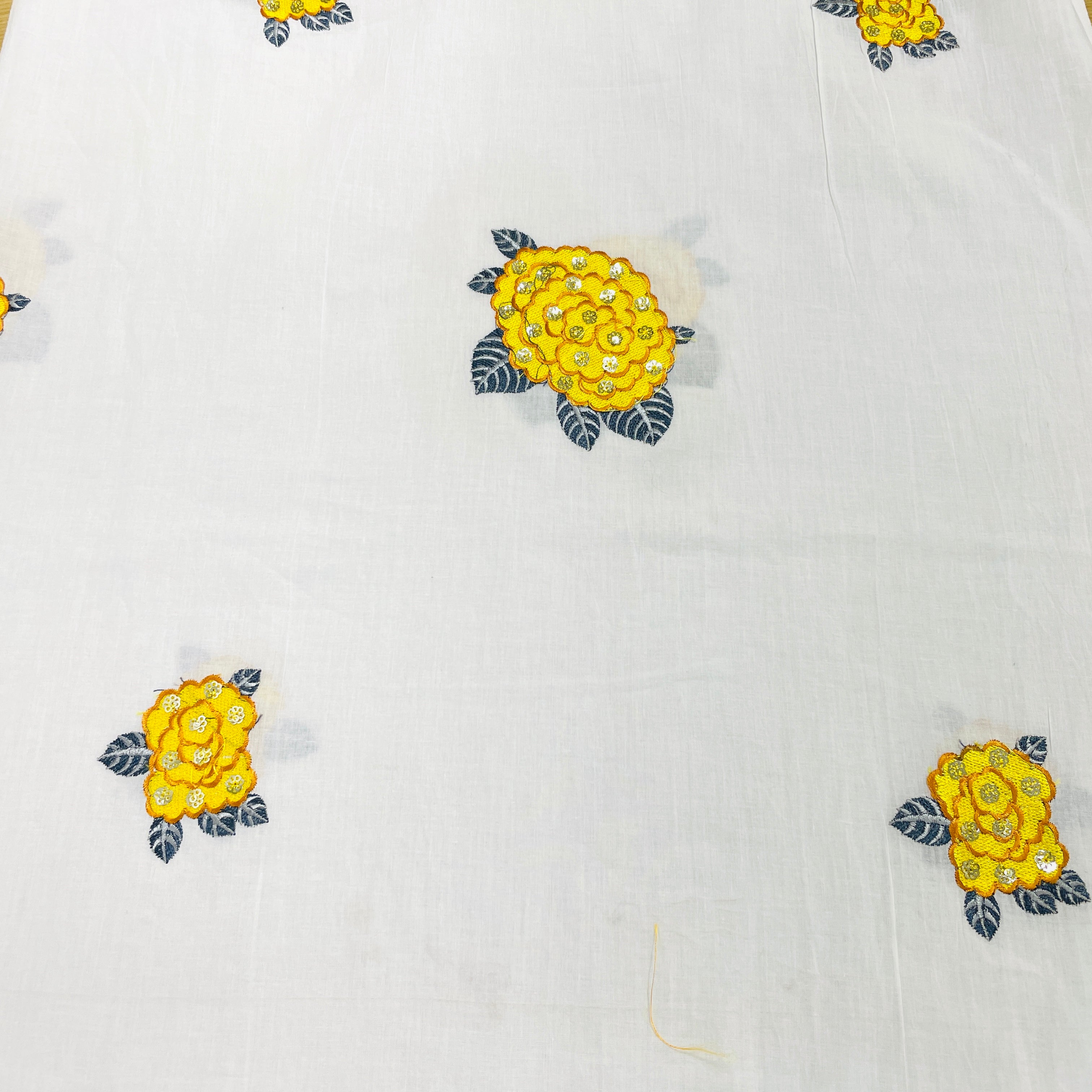 White & Yellow Floral Sequence Embroidery Cotton Fabric - TradeUNO