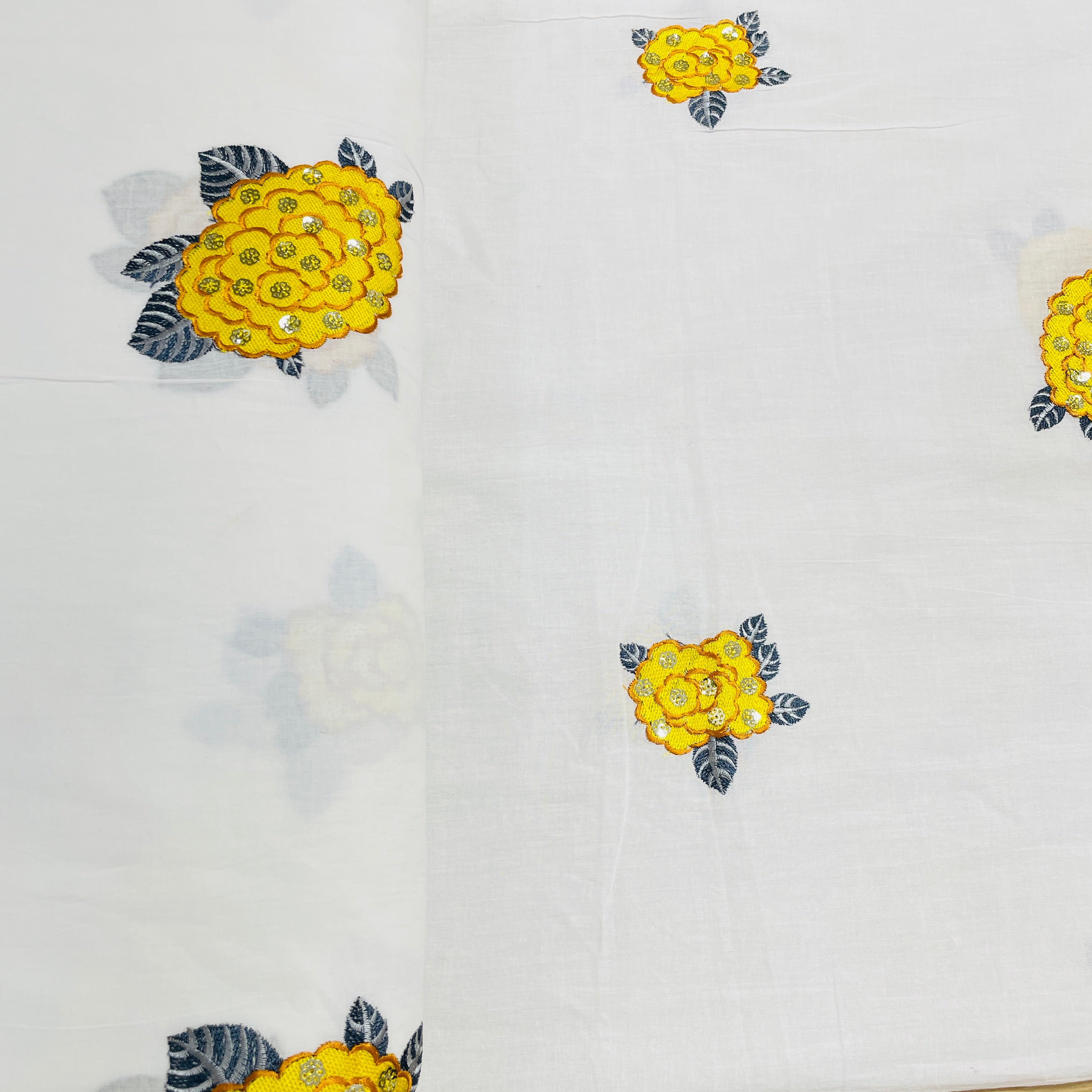 White & Yellow Floral Sequence Embroidery Cotton Fabric - TradeUNO