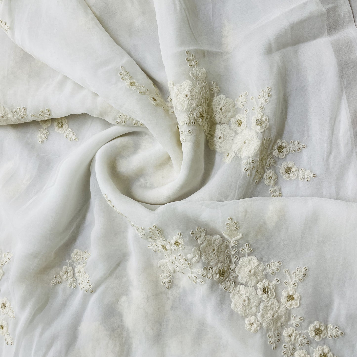 White Floral Sequins Thread Embroidery Dyeable Georgette Fabric