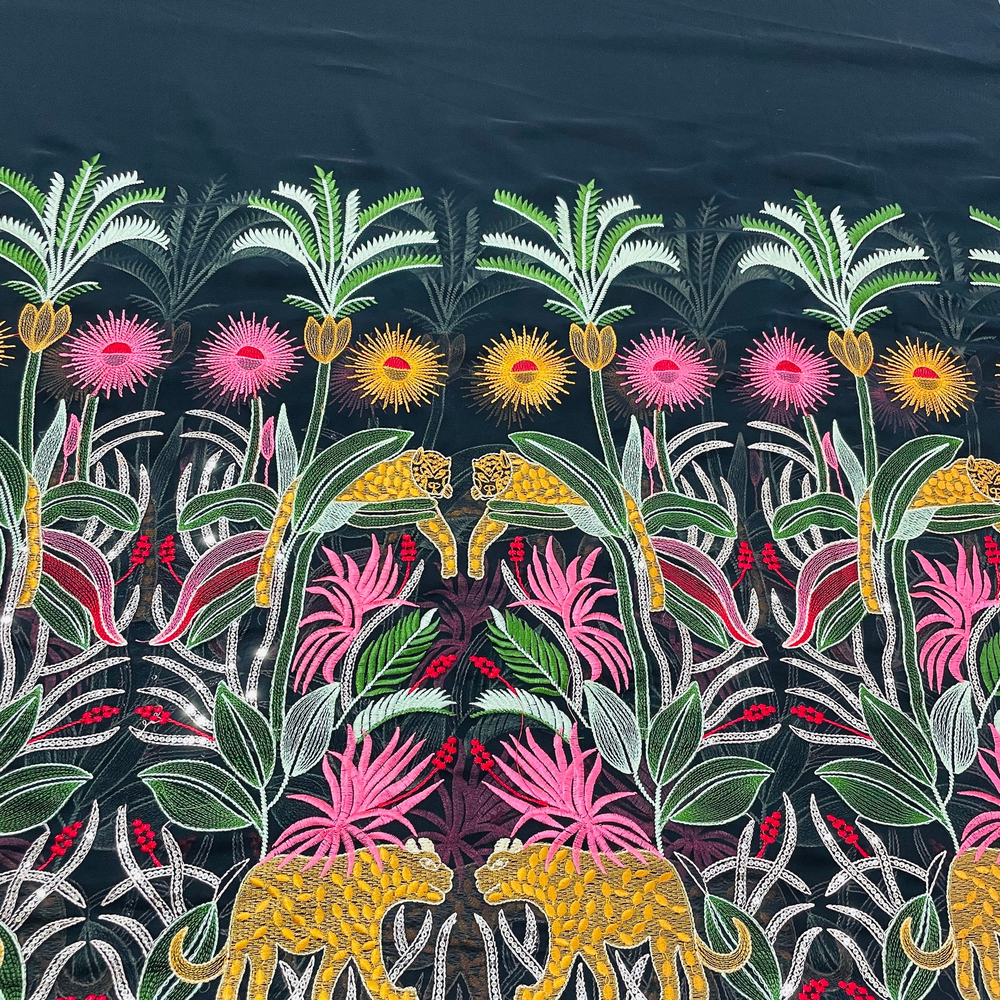 Black & Multicolor Floral Handwork Sequence Embroidery Georgette Fabric - TradeUNO