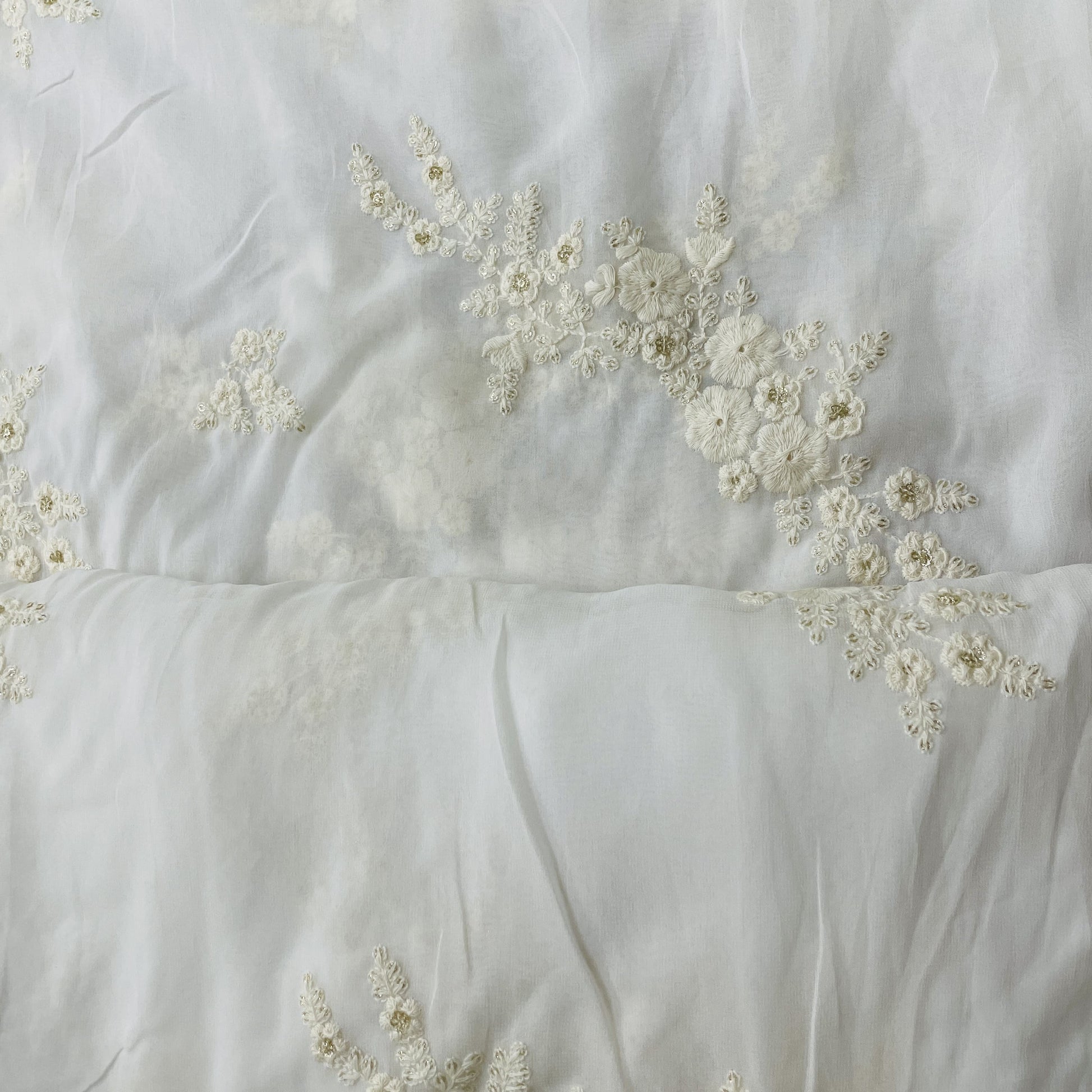 White Floral Sequins Thread Embroidery Dyeable Georgette Fabric