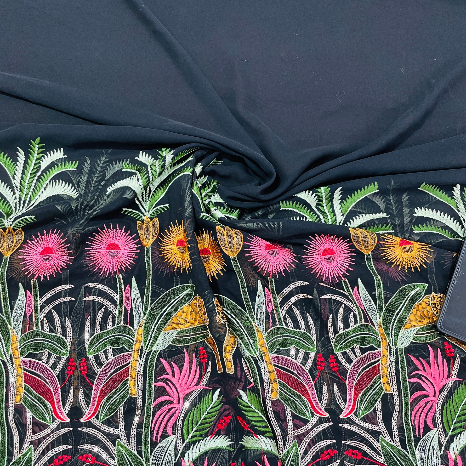 Black & Multicolor Floral Handwork Sequence Embroidery Georgette Fabric - TradeUNO