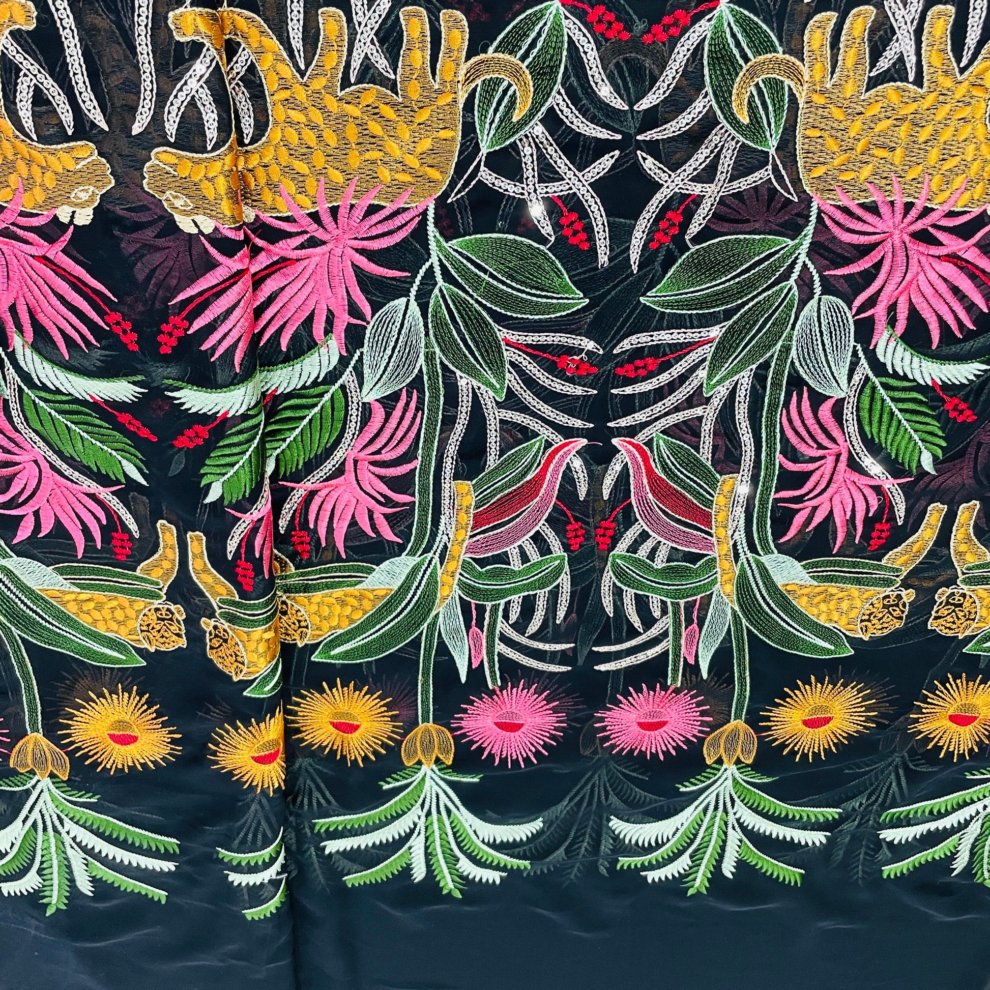 Black & Multicolor Floral Handwork Sequence Embroidery Georgette Fabric - TradeUNO