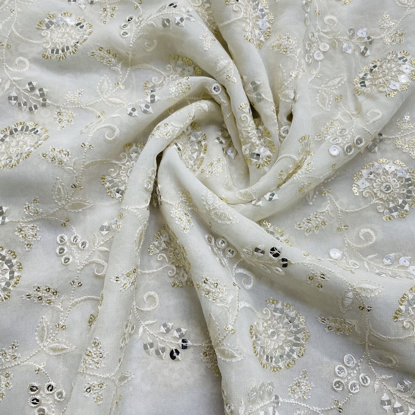 White Dyeable Floral Sequins Embroidery Dyeable Georgette Fabric