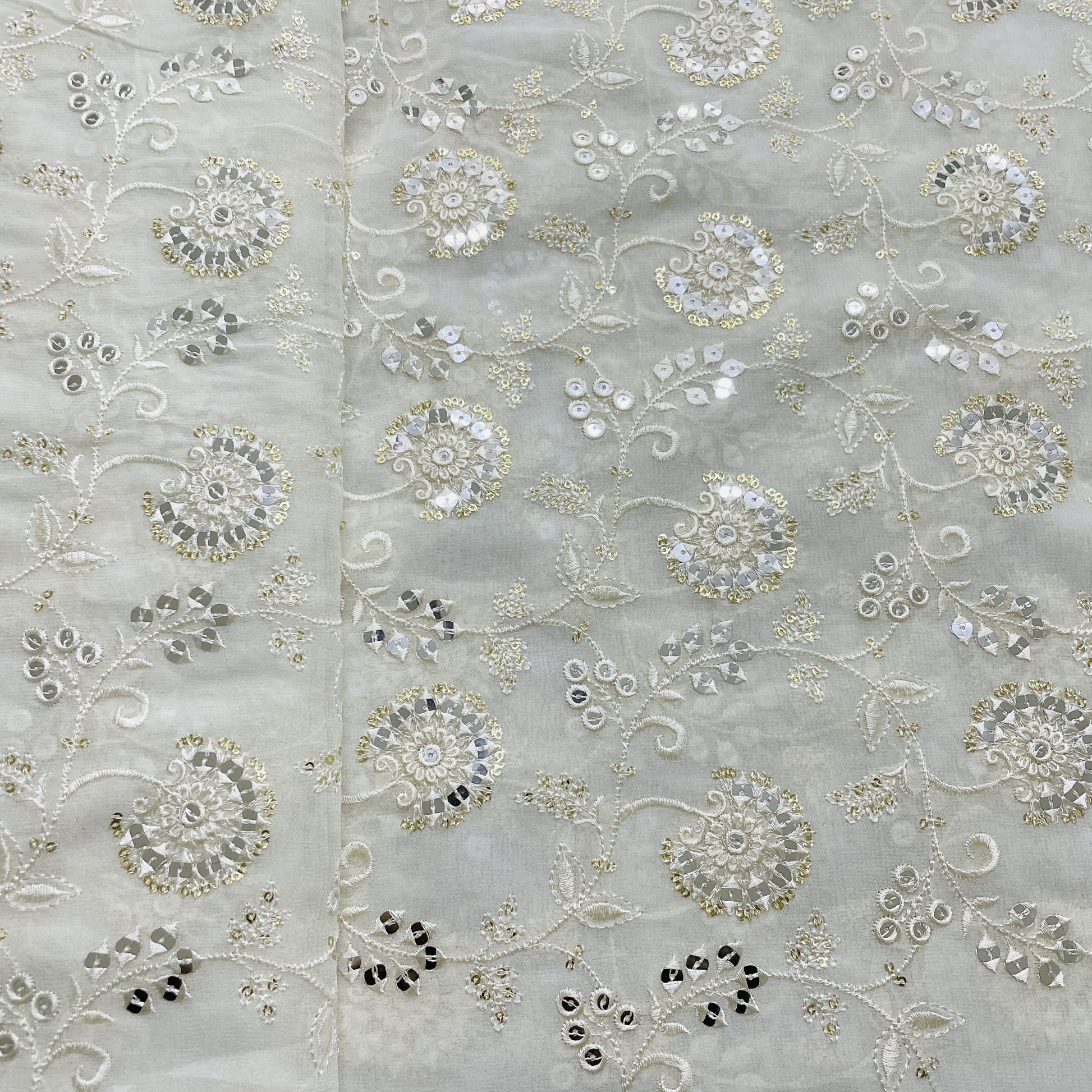 White Dyeable Floral Sequins Embroidery Dyeable Georgette Fabric