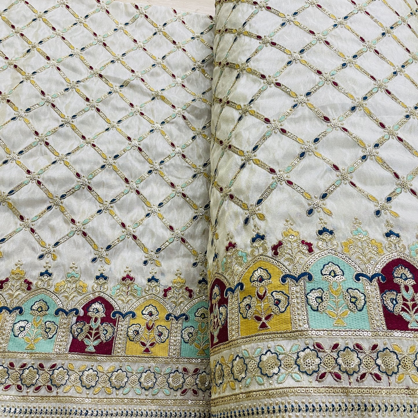 Premium Golden Geometerical Sequins Zari Embroidery Viscose Tissue Fabric
