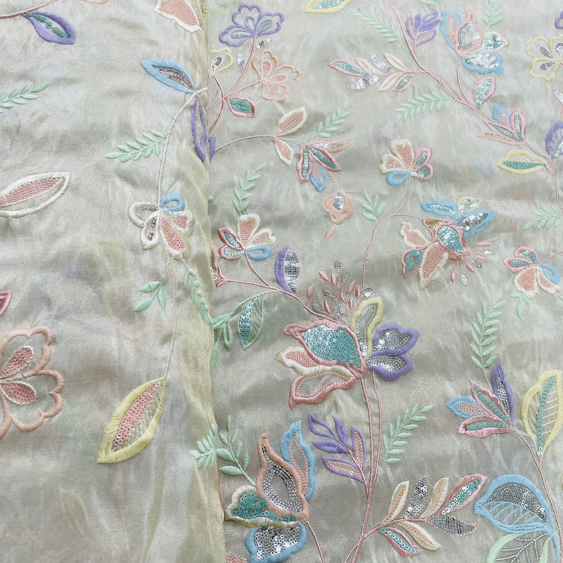 Premium Golden Multicolor Floral Sequins Thread Embroidery Viscose Tissue Fabric