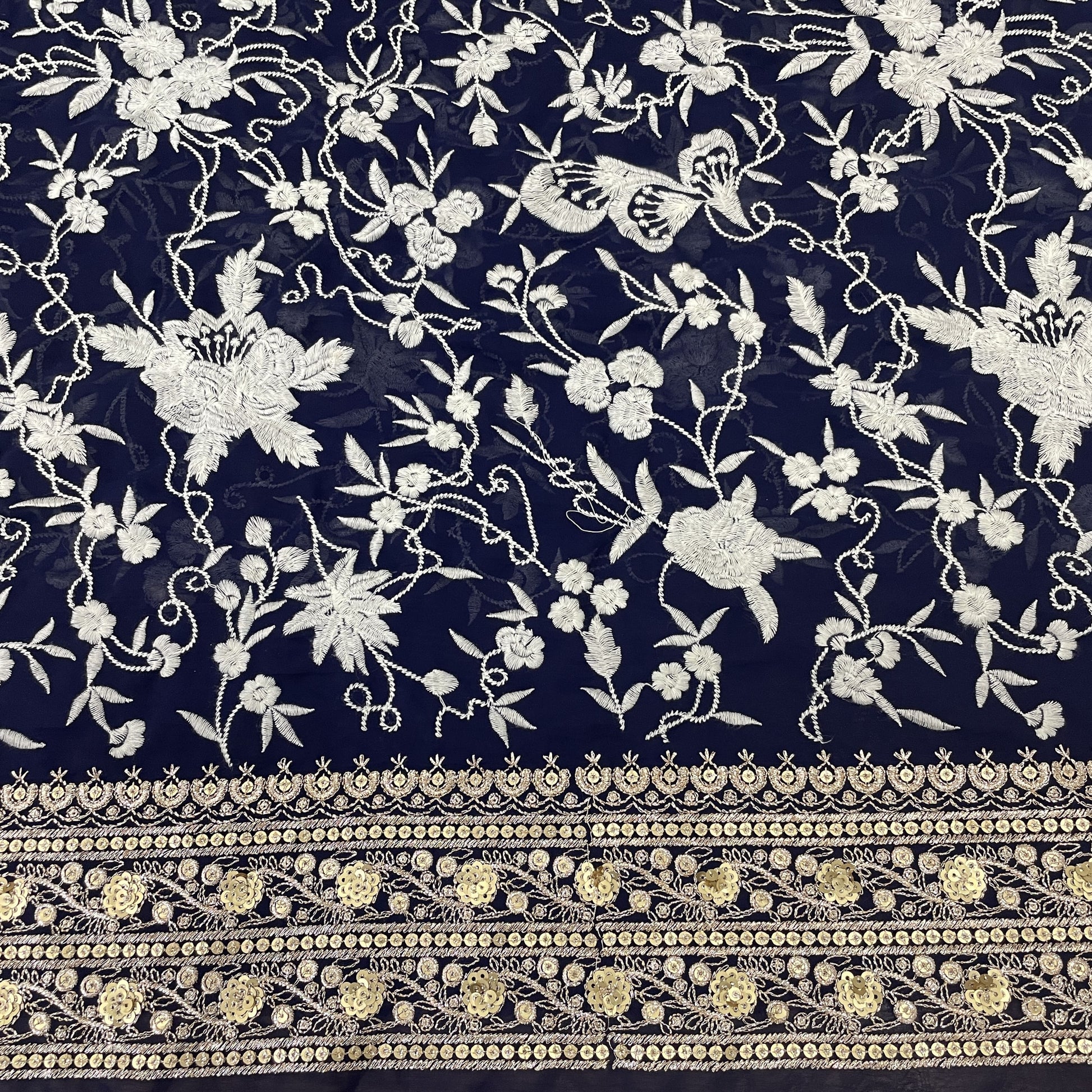 Classic Blue Parsi Gara Zarii Embroidery Georgette Fabric