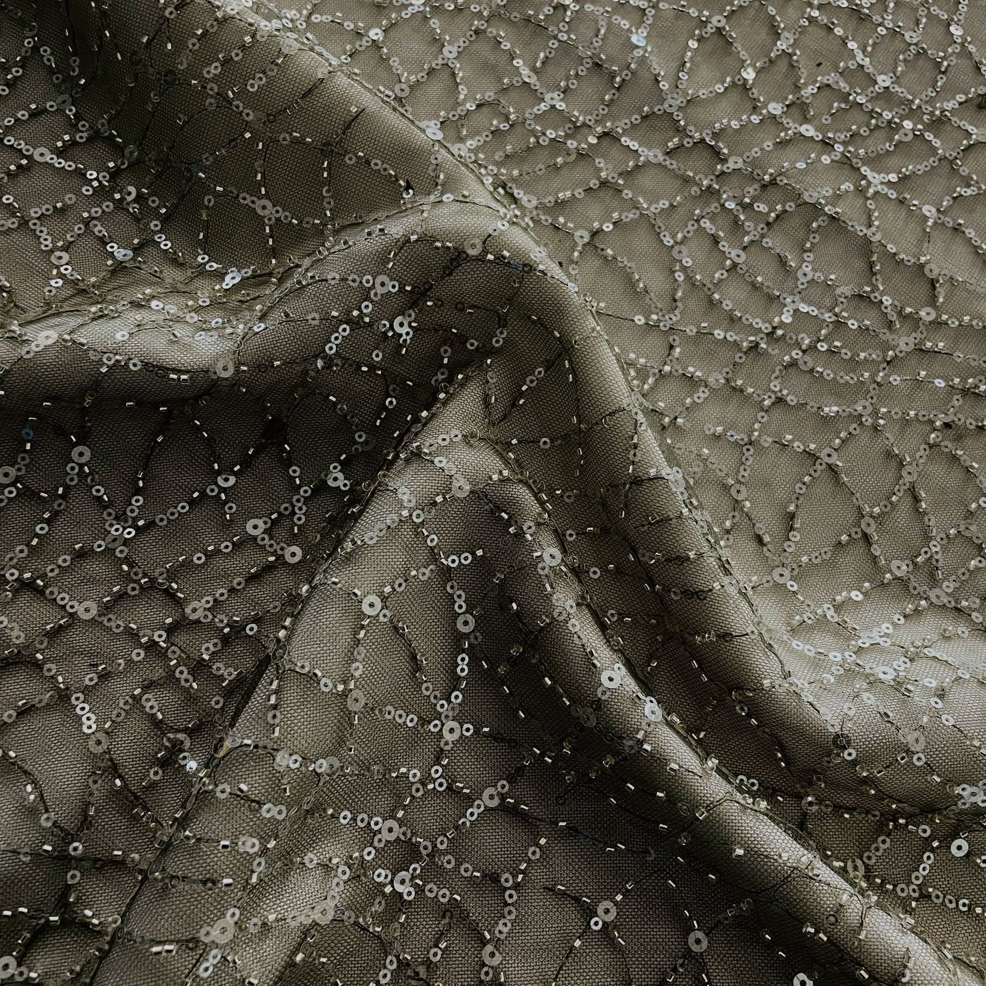 Premium Sage Green Heavy Pearl Sequins Embroidery Net Fabric