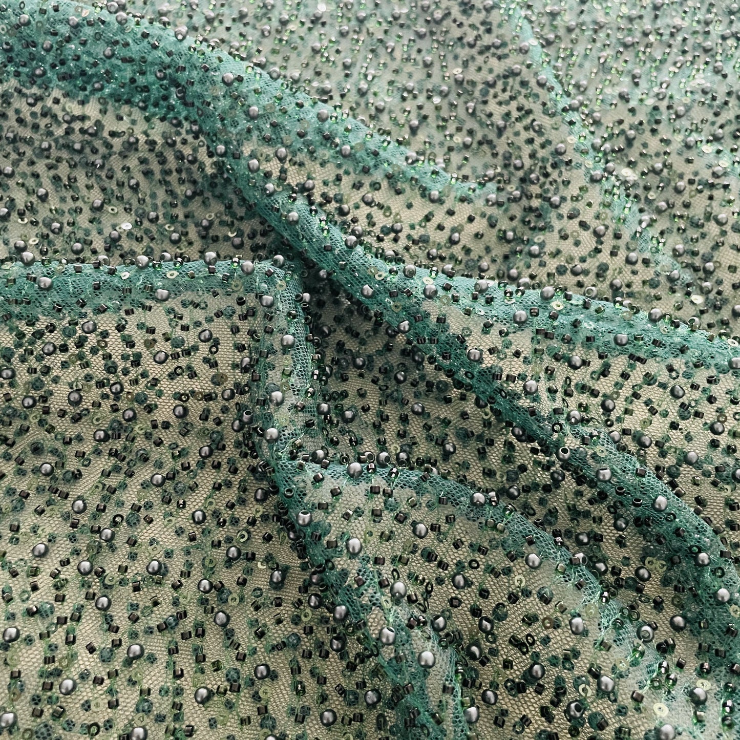 Premium Green Heavy Pearl CutDana Embroidery Power Net Fabric
