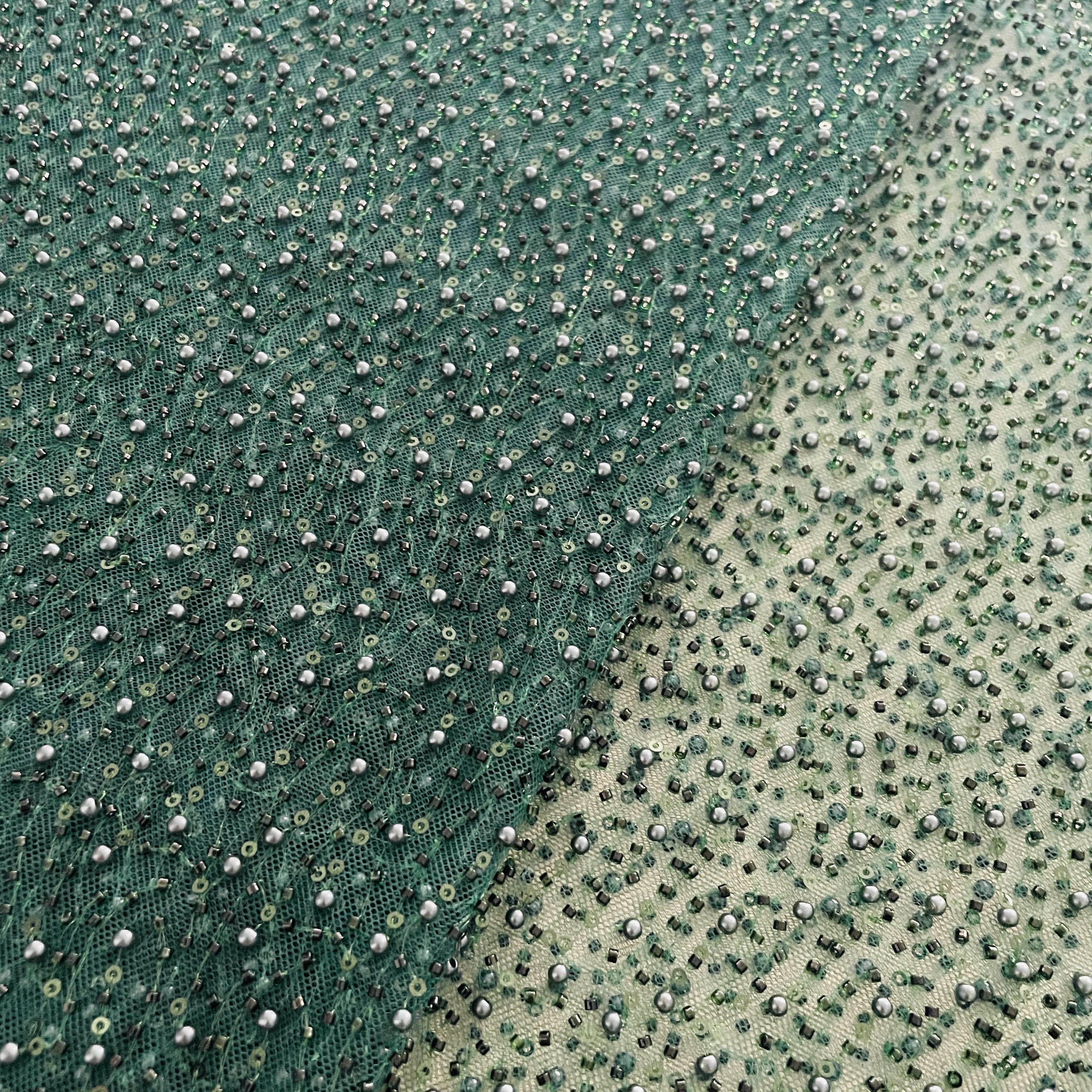 Premium Green Heavy Pearl CutDana Embroidery Power Net Fabric
